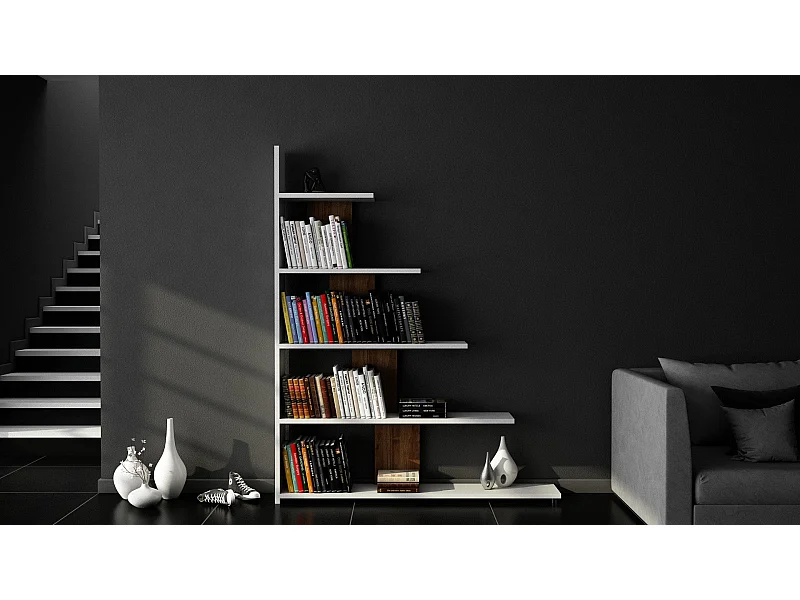 Modernes Bücherregal – 121,8 x 120 x 19,5 cm – Weiß und Walnuss – Melaminbeschichtete Spanplatte