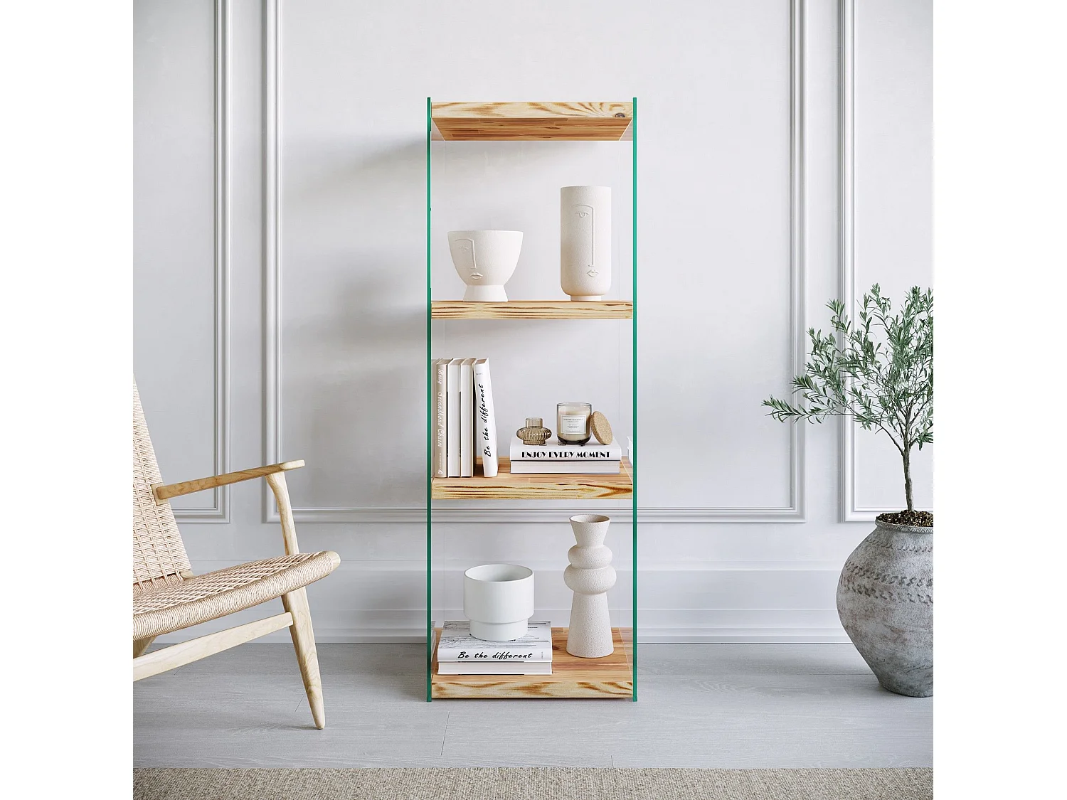 Table d'appoint Translucens L40xH120cm Pin massif Chêne clair et Verre Transparent