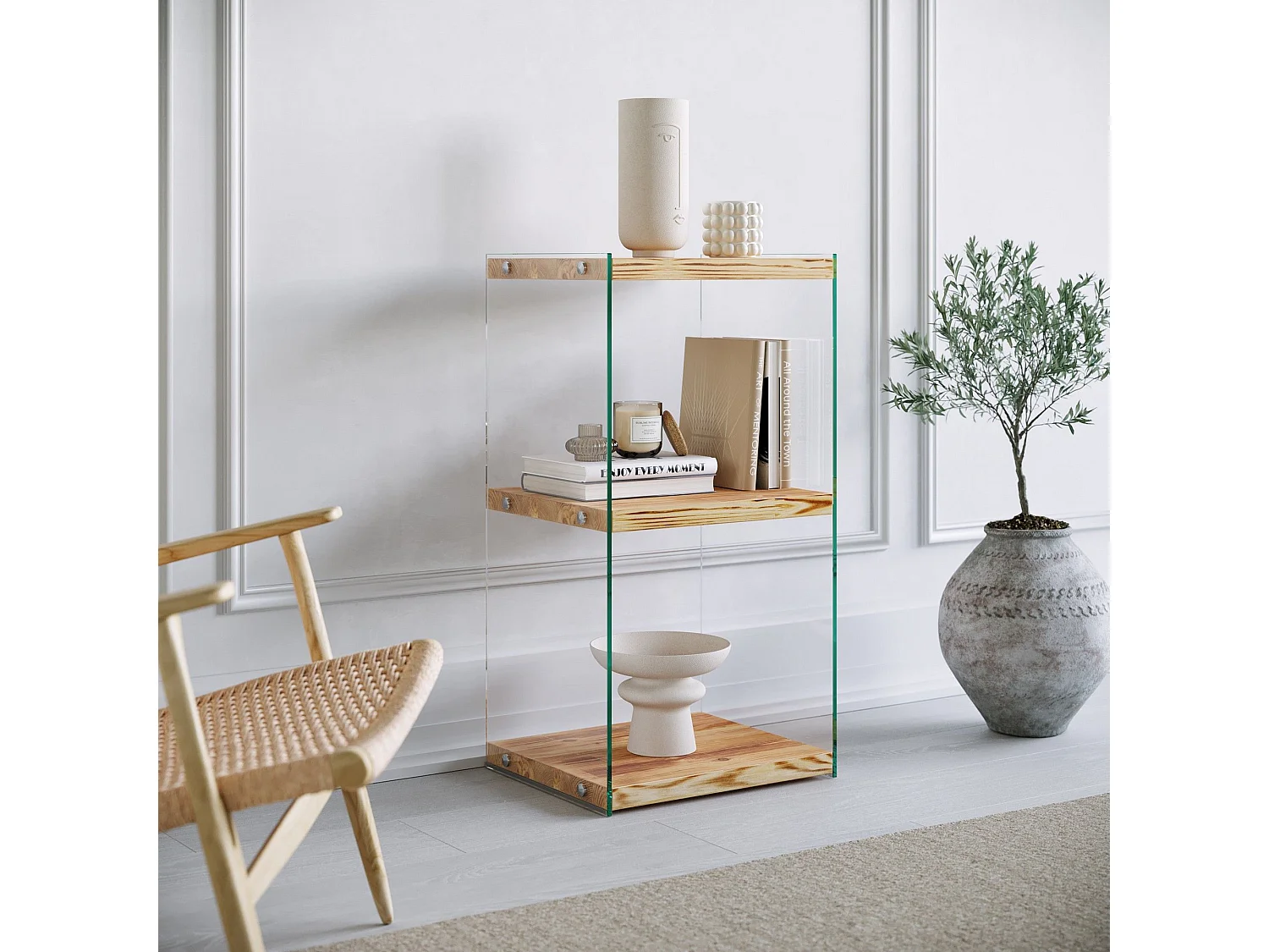 Table d'appoint Translucens L40xH80cm Pin massif Chêne clair et Verre Transparent