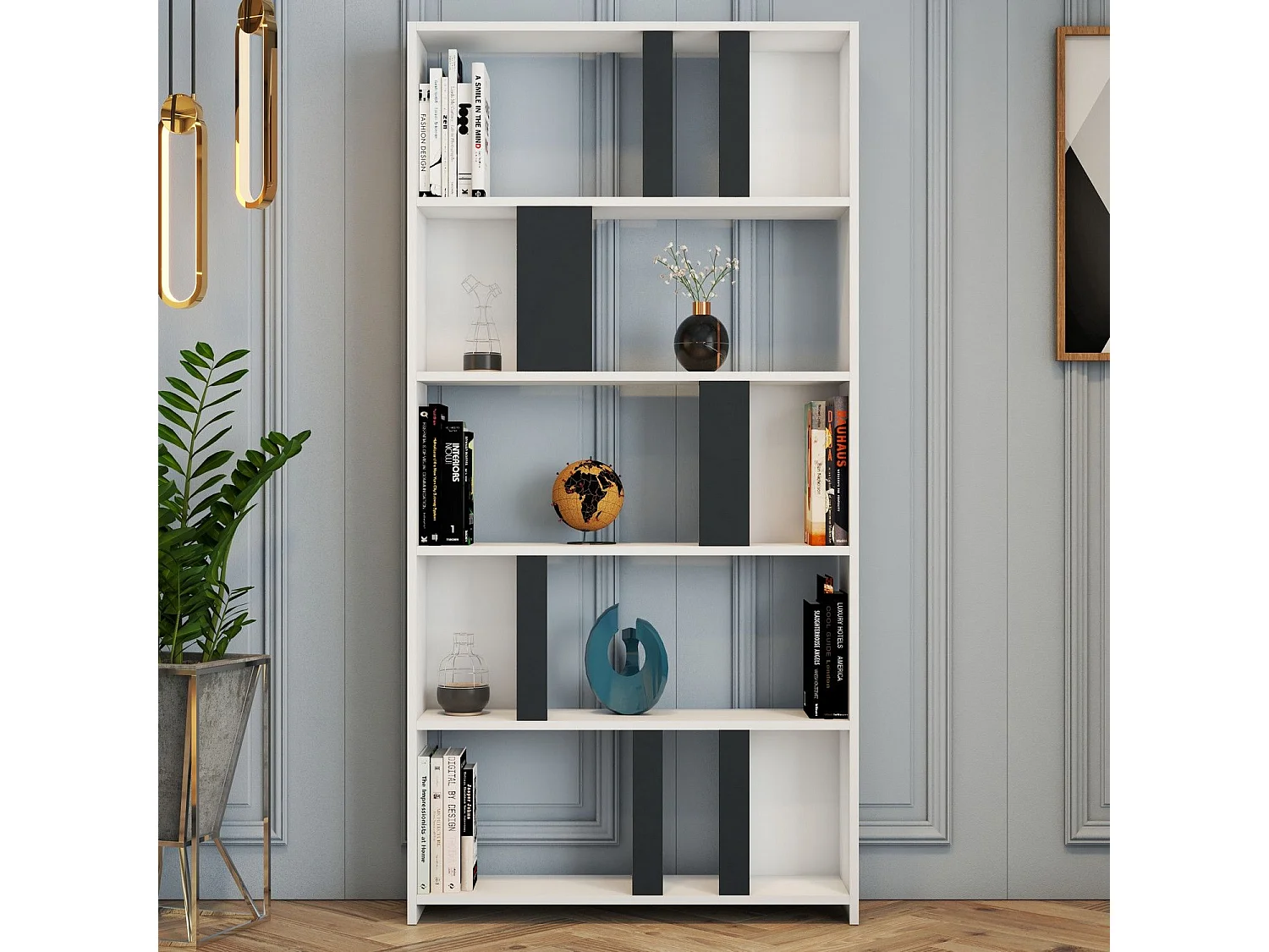 Bibliothèque Respenda 90x180cm Bois Blanc et Anthracite