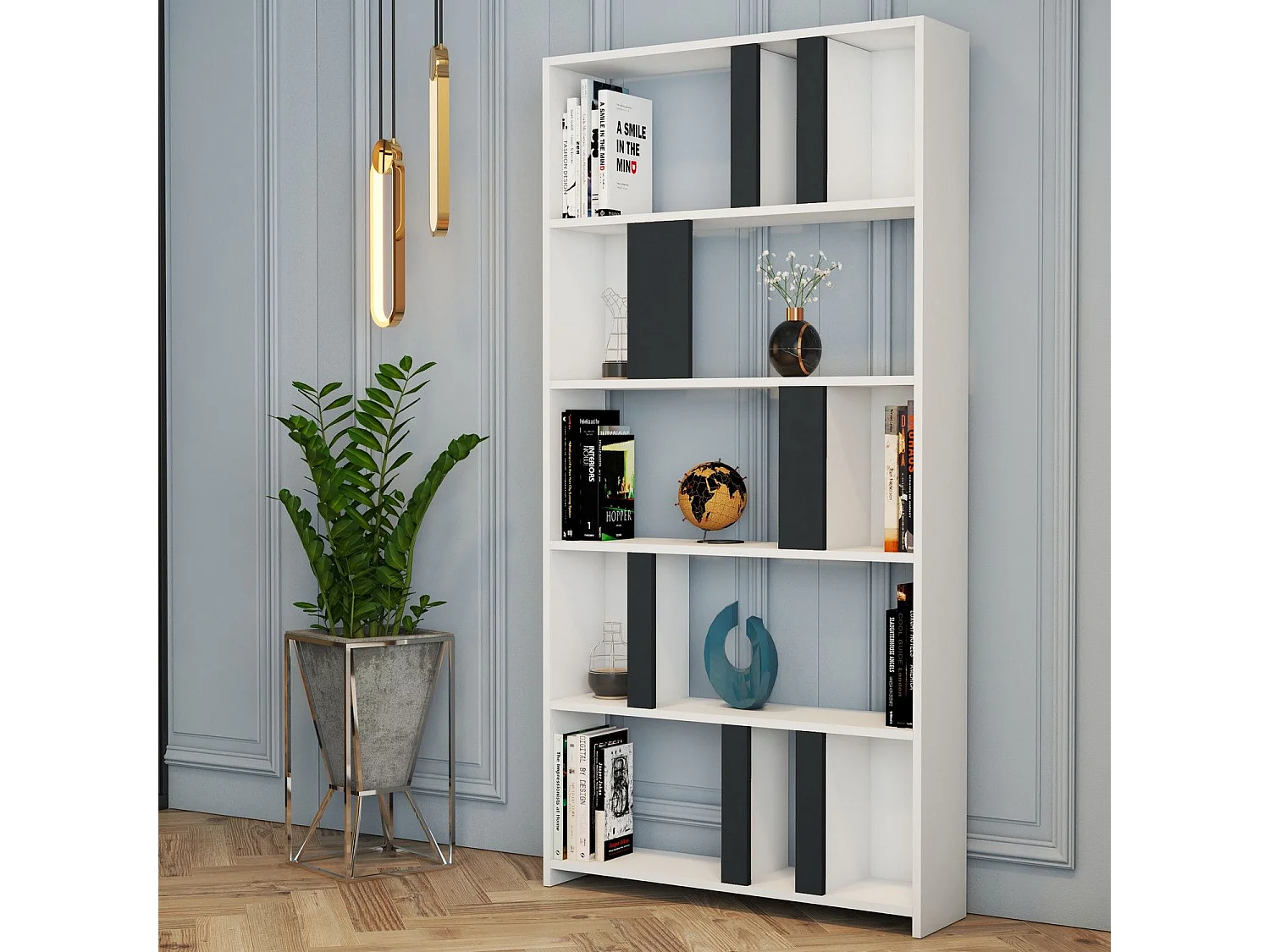 Bibliothèque Respenda 90x180cm Bois Blanc et Anthracite