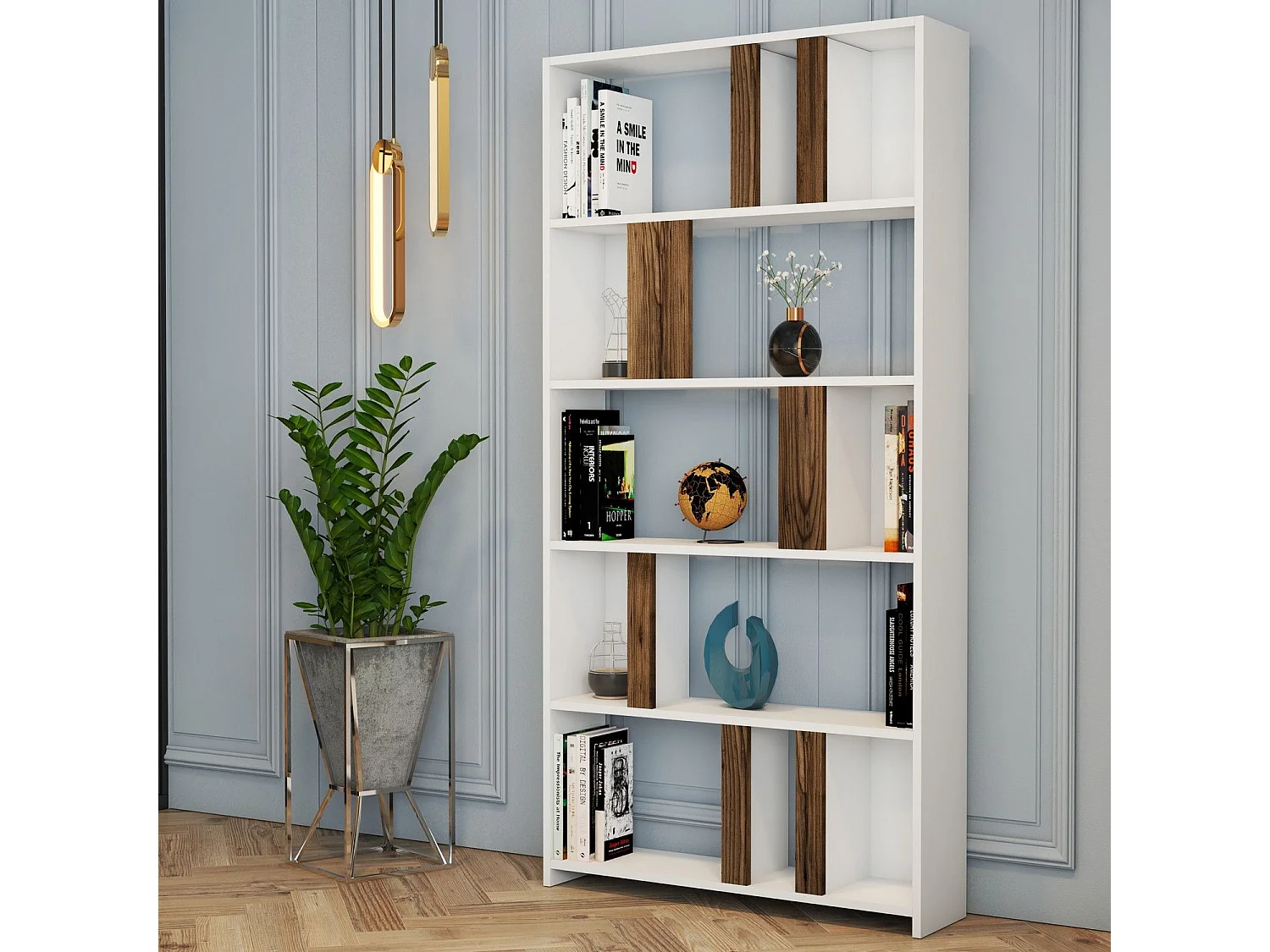 Librería moderna – 90 x 180 x 20 cm – Blanco y nogal – Tablero de partículas