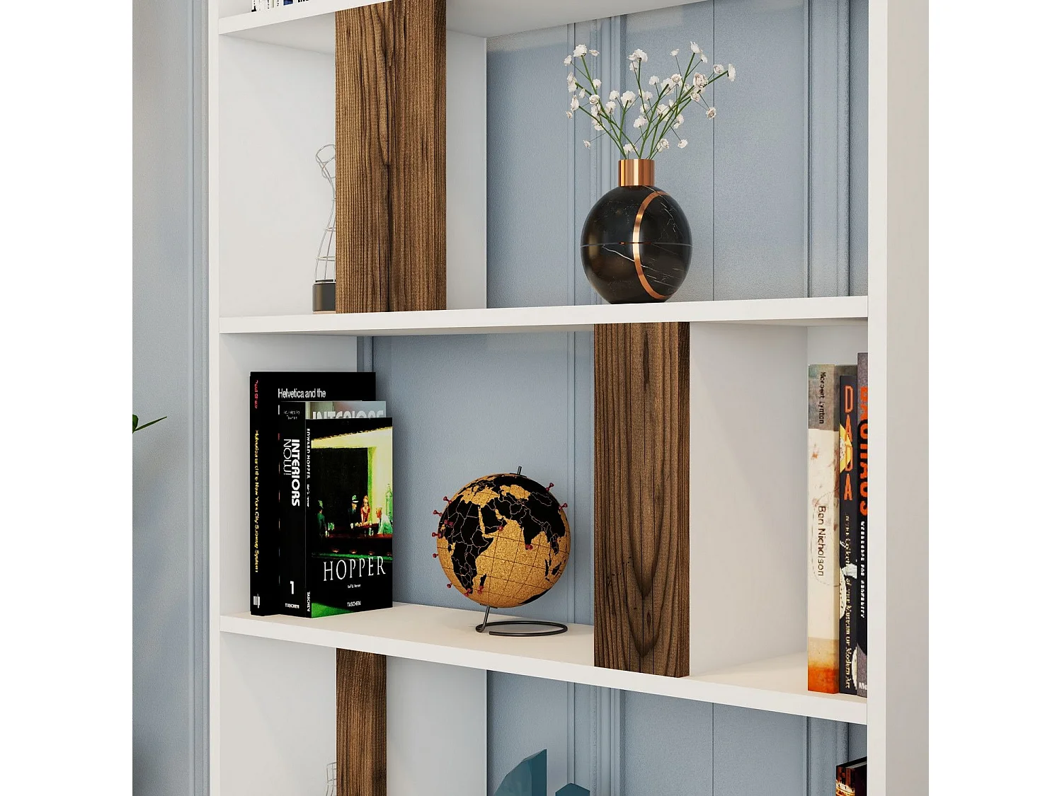 Librería moderna – 90 x 180 x 20 cm – Blanco y nogal – Tablero de partículas