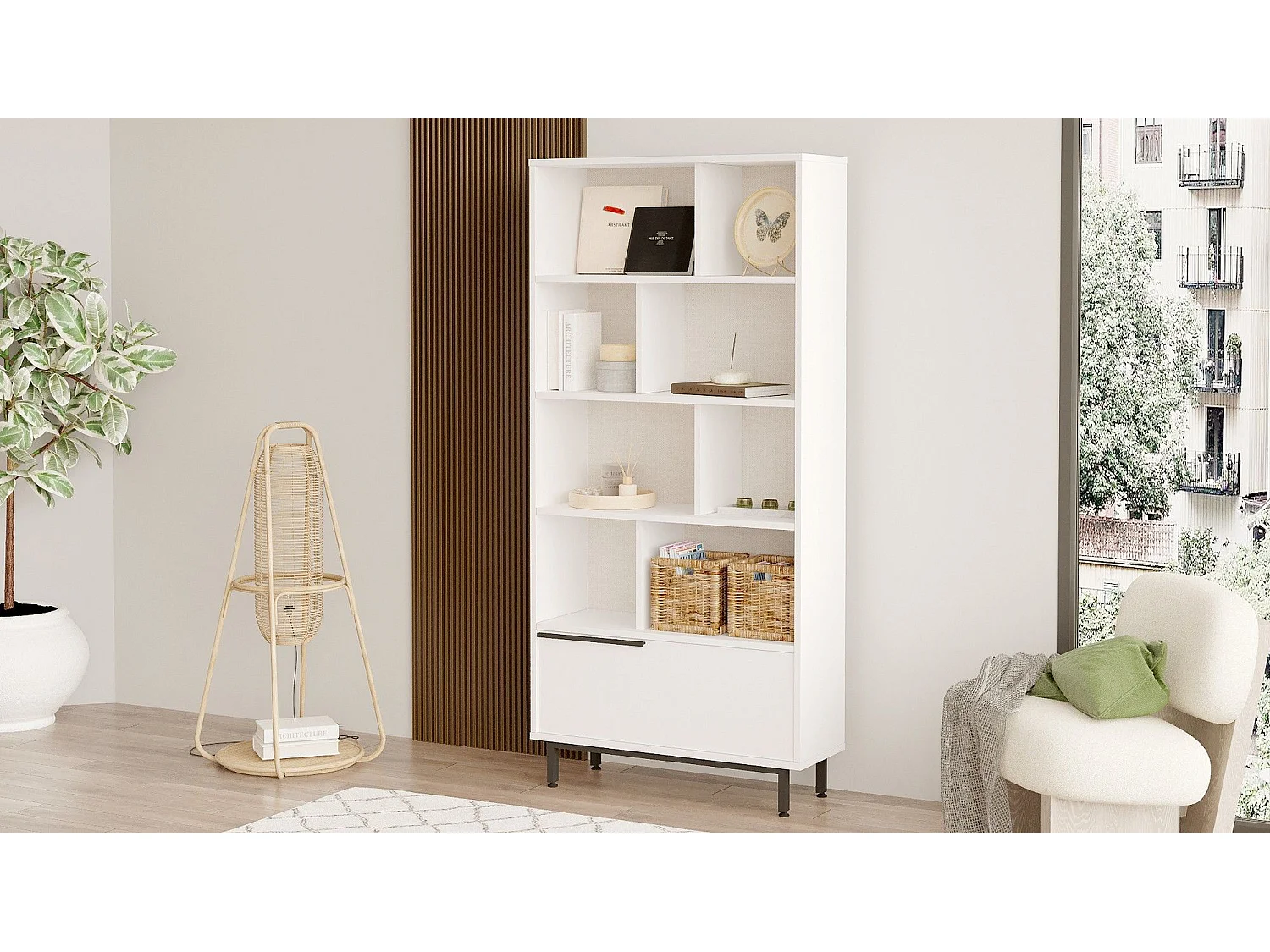 Estantería Kailua AE104, Abierto|Con puertas, Aglomerado laminado, 164x84x30cm, Blanco