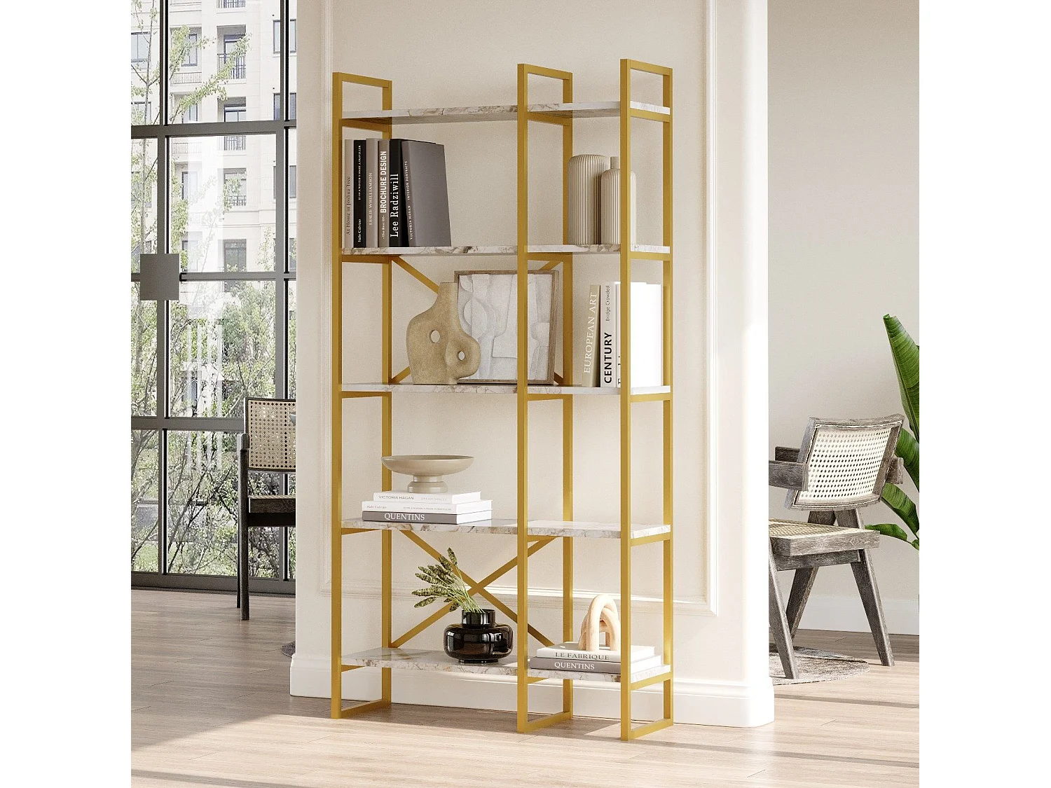 Estantería Kailua 1082, Abierta sin pared trasera, Aglomerado laminado|Metal, 175x88x30cm