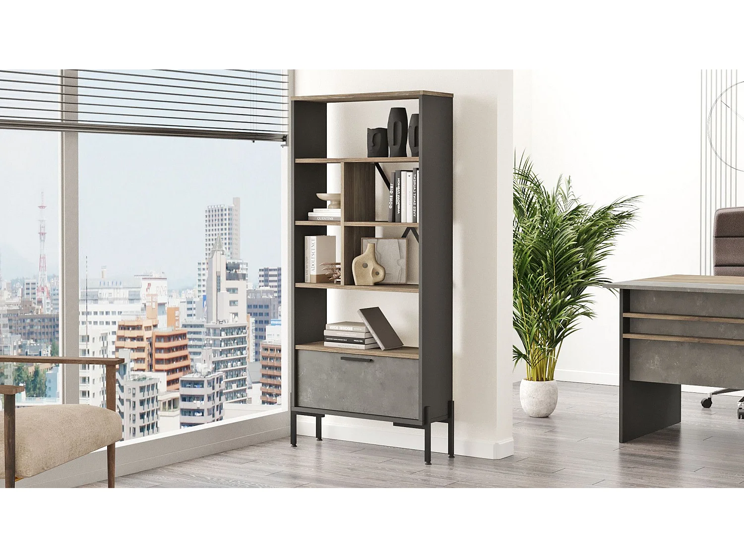 Boekenkast – 75,5 cm breed, 160,8 cm hoog, 44,5 cm diep – Bruin, grijs en antraciet – Melamine gecoate spaanplaat en metalen frame