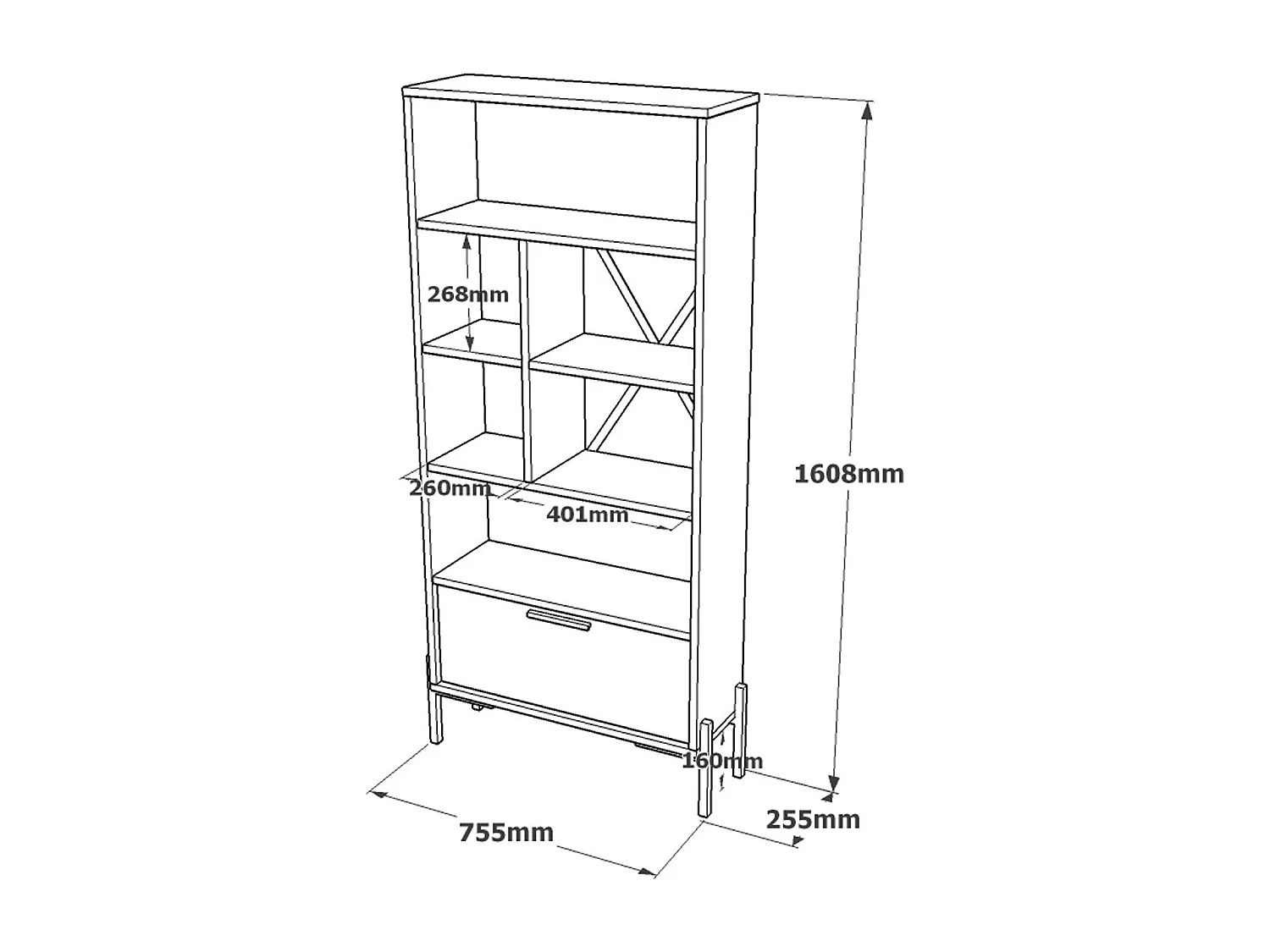 Boekenkast – 75,5 cm breed, 160,8 cm hoog, 44,5 cm diep – Bruin, grijs en antraciet – Melamine gecoate spaanplaat en metalen frame
