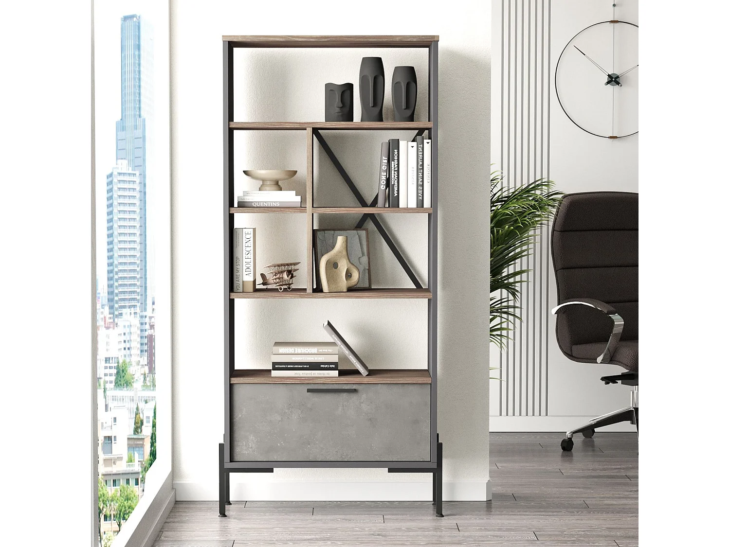 Bücherregal – 75,5 cm breit, 160,8 cm hoch, 44,5 cm tief – Braun, Grau und Anthrazit – Melaminbeschichtete Spanplatte und Metallrahmen