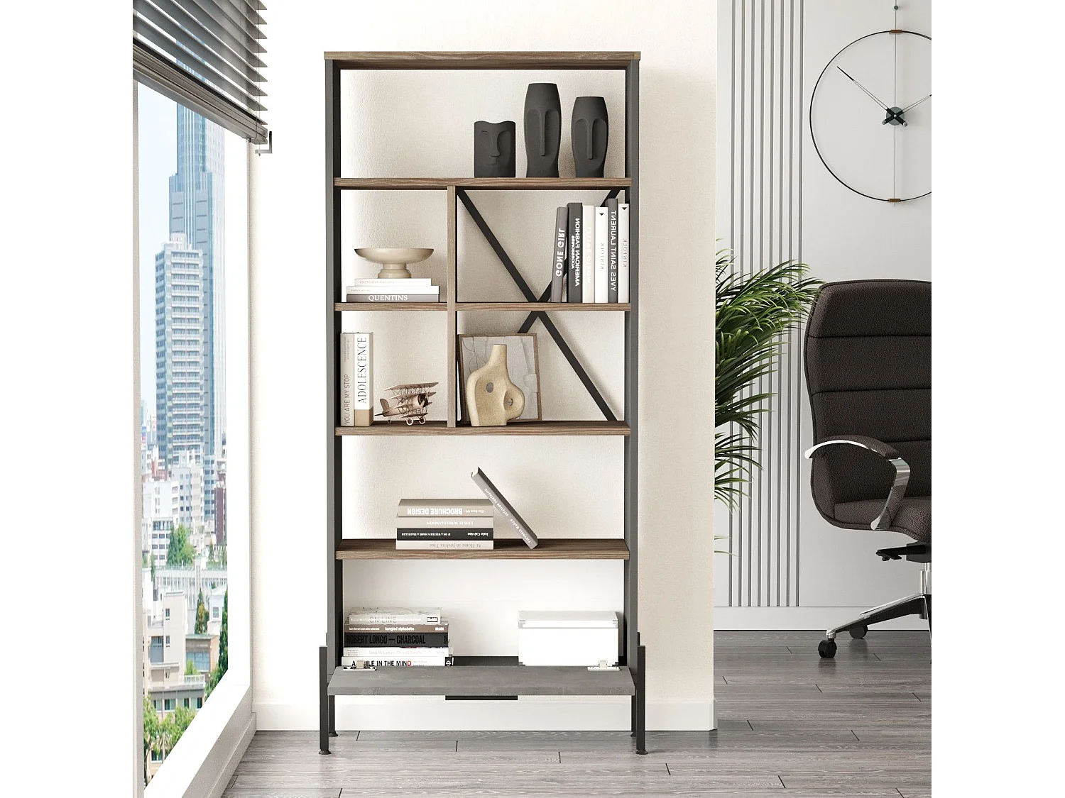 Bücherregal – 75,5 cm breit, 160,8 cm hoch, 44,5 cm tief – Braun, Grau und Anthrazit – Melaminbeschichtete Spanplatte und Metallrahmen