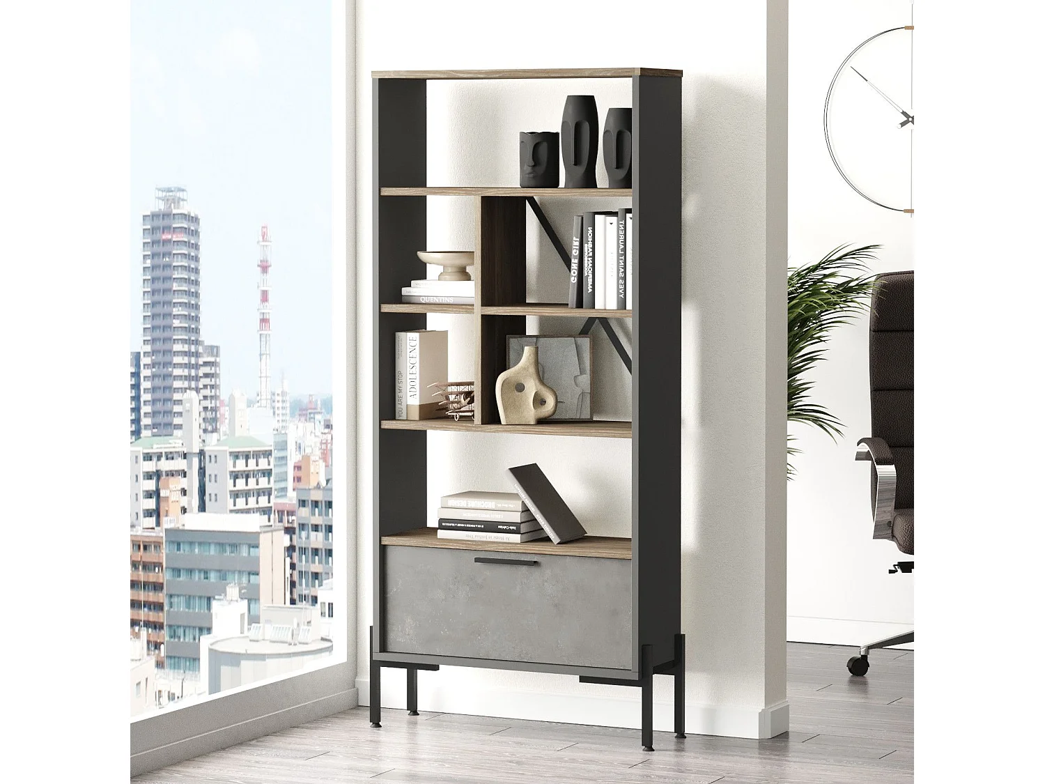 Bücherregal – 75,5 cm breit, 160,8 cm hoch, 44,5 cm tief – Braun, Grau und Anthrazit – Melaminbeschichtete Spanplatte und Metallrahmen