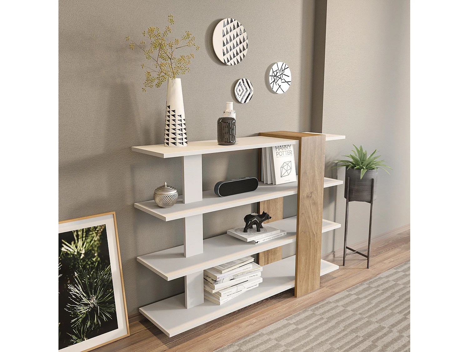 Półka w stylu skandynawskim – 120 x 90 x 30 cm – kolor biały i orzechowy – płyta wiórowa pokryta melaminą