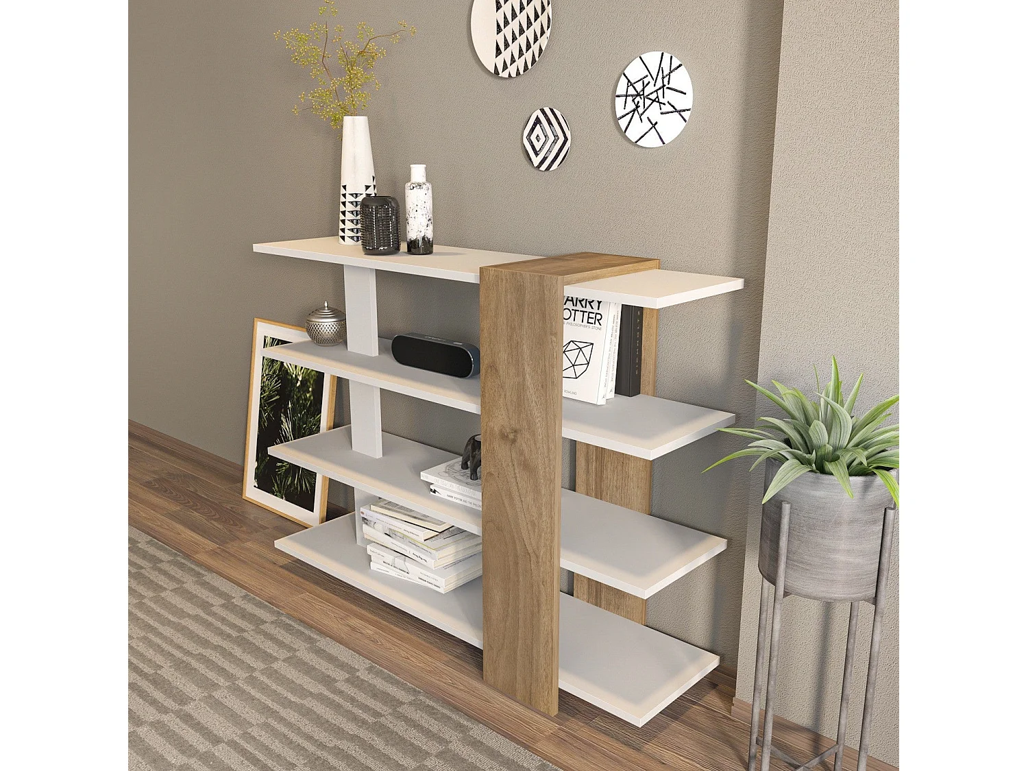 Półka w stylu skandynawskim – 120 x 90 x 30 cm – kolor biały i orzechowy – płyta wiórowa pokryta melaminą