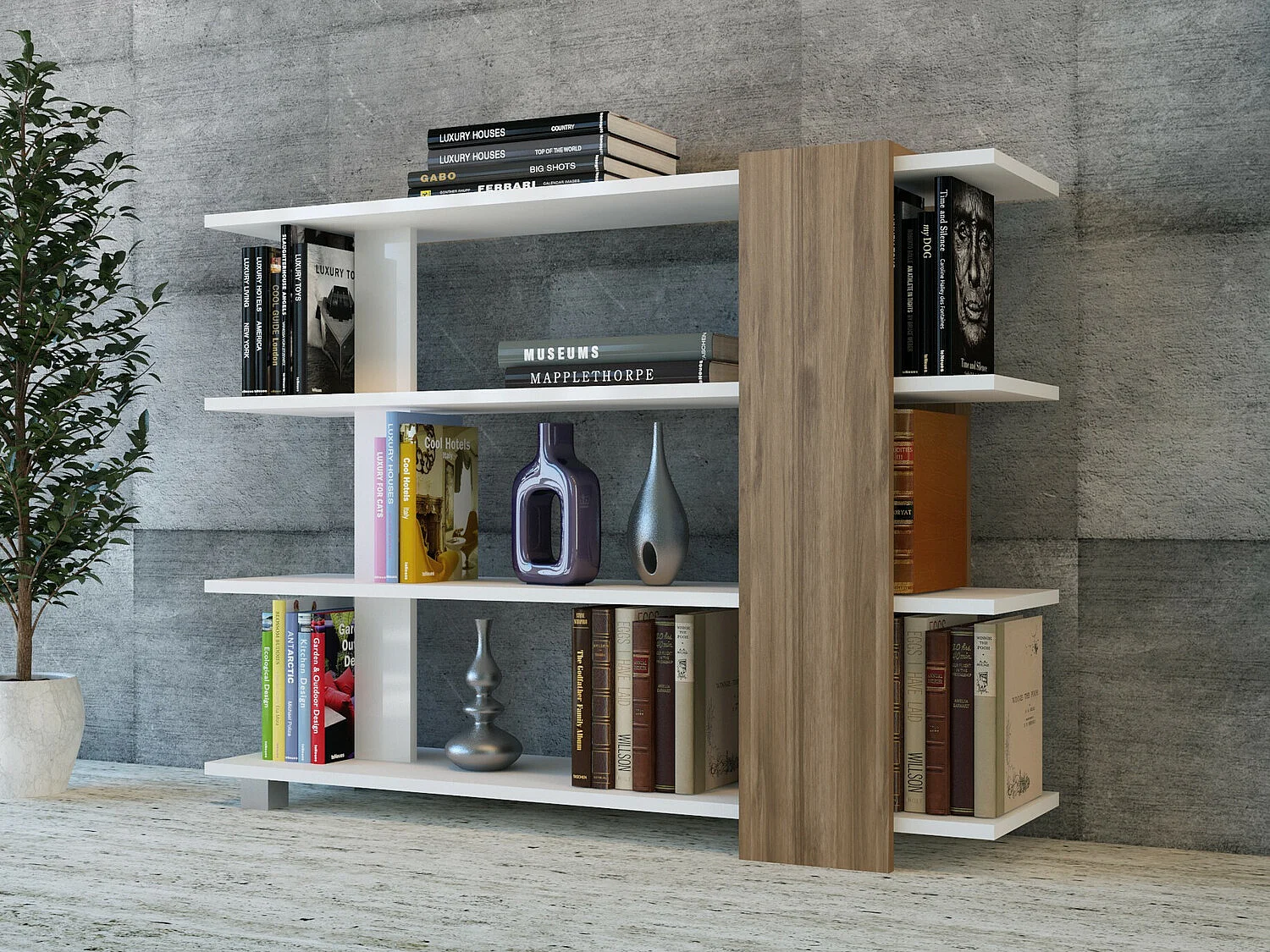 Étagère Scandinave Moderne – 120 x 90 x 30 cm – Blanc et Noyer – Panneau de particules mélaminé