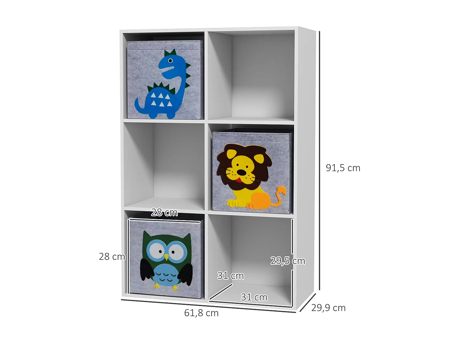 Estante de Brinquedos ZONEKIZ para Crianças com 6 Compartimentos e 3 Caixas de Animais em Branco e Cinza