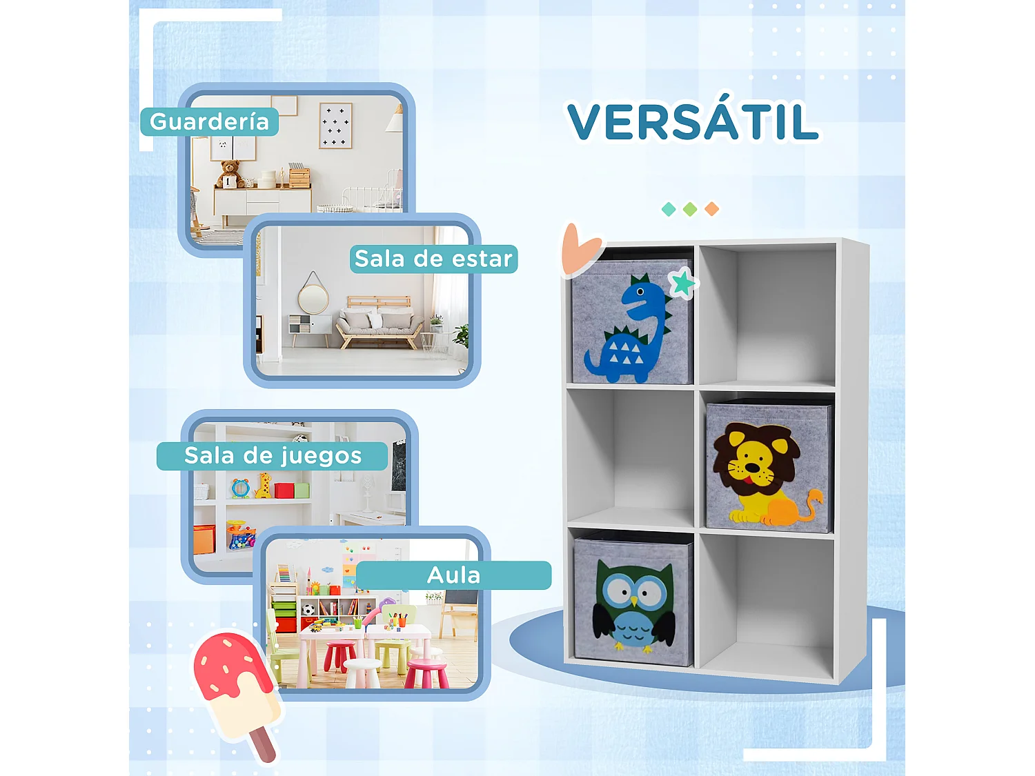 Estante de Brinquedos ZONEKIZ para Crianças com 6 Compartimentos e 3 Caixas de Animais em Branco e Cinza