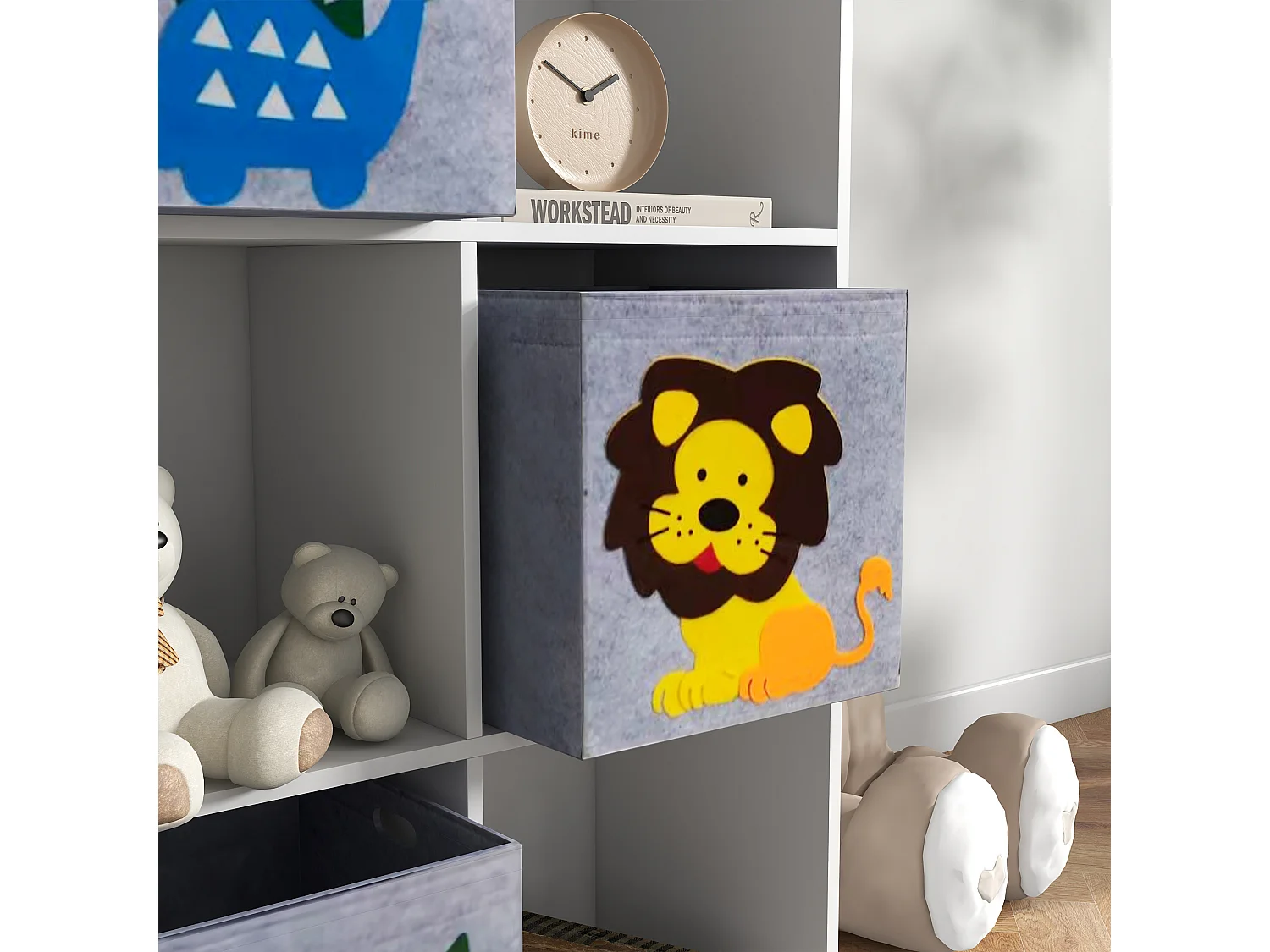 Estante de Brinquedos ZONEKIZ para Crianças com 6 Compartimentos e 3 Caixas de Animais em Branco e Cinza