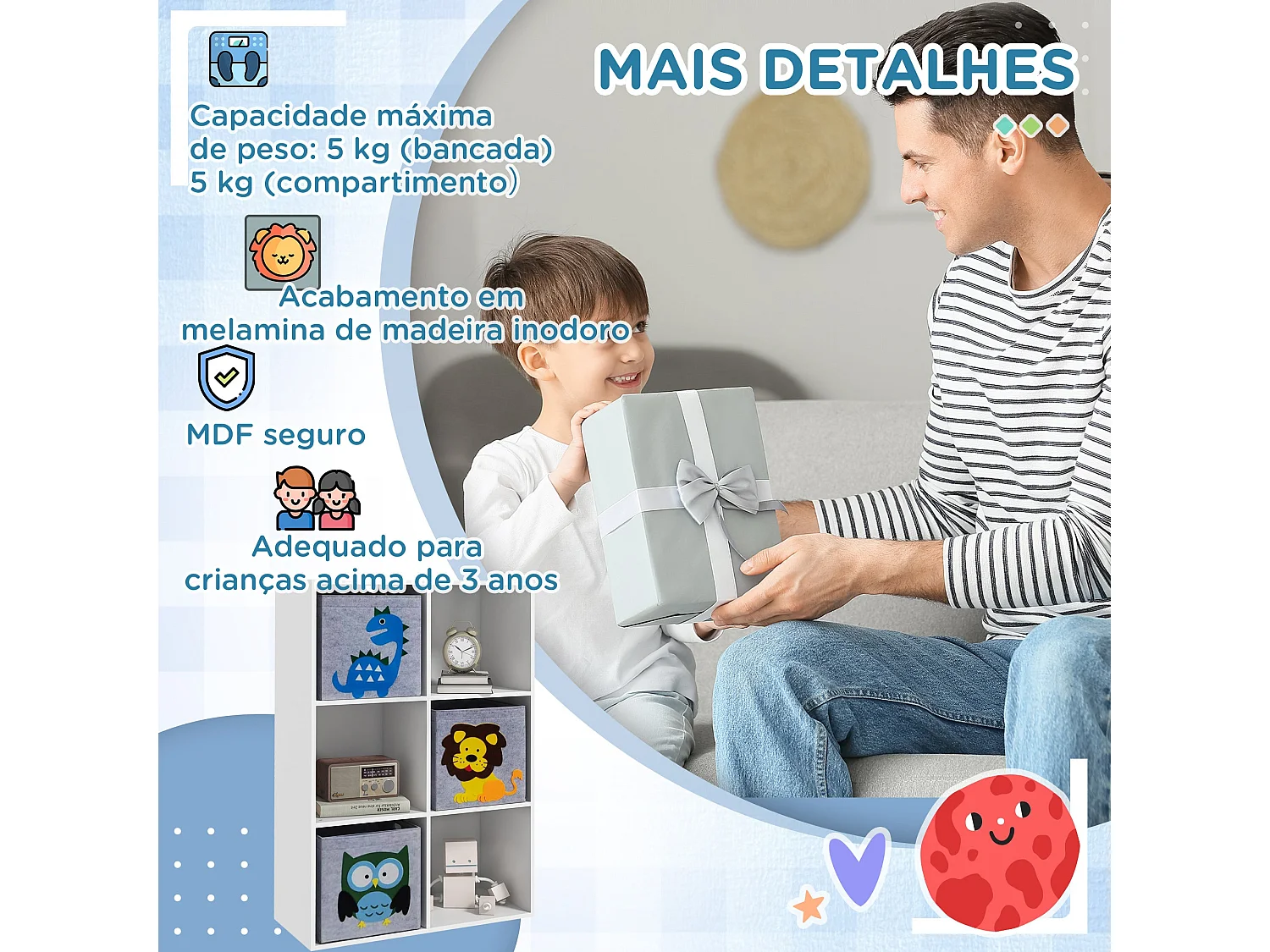 Estante de Brinquedos ZONEKIZ para Crianças com 6 Compartimentos e 3 Caixas de Animais em Branco e Cinza