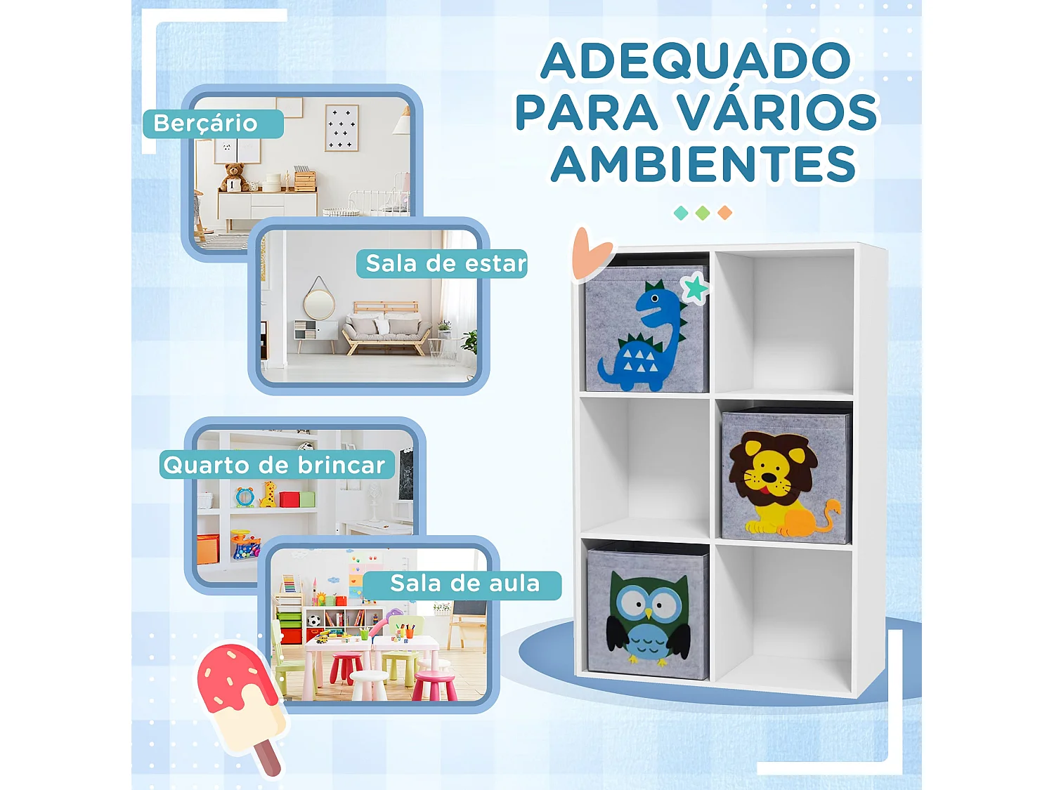 Estante de Brinquedos ZONEKIZ para Crianças com 6 Compartimentos e 3 Caixas de Animais em Branco e Cinza