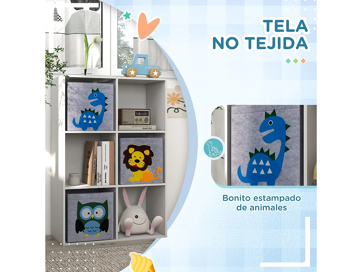 Estante de Brinquedos ZONEKIZ para Crianças com 6 Compartimentos e 3 Caixas de Animais em Branco e Cinza