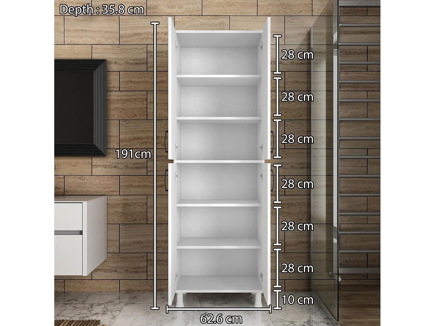 Armário Alto Multiusos Torvi - 62.6x191x35.8 cm - Branco e Moderno