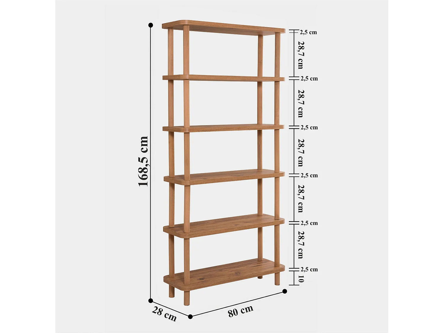 Regał na książki – 80 cm x 168,5 cm x 28 cm – Sosna atlantycka – Płyta wiórowa pokryta melaminą