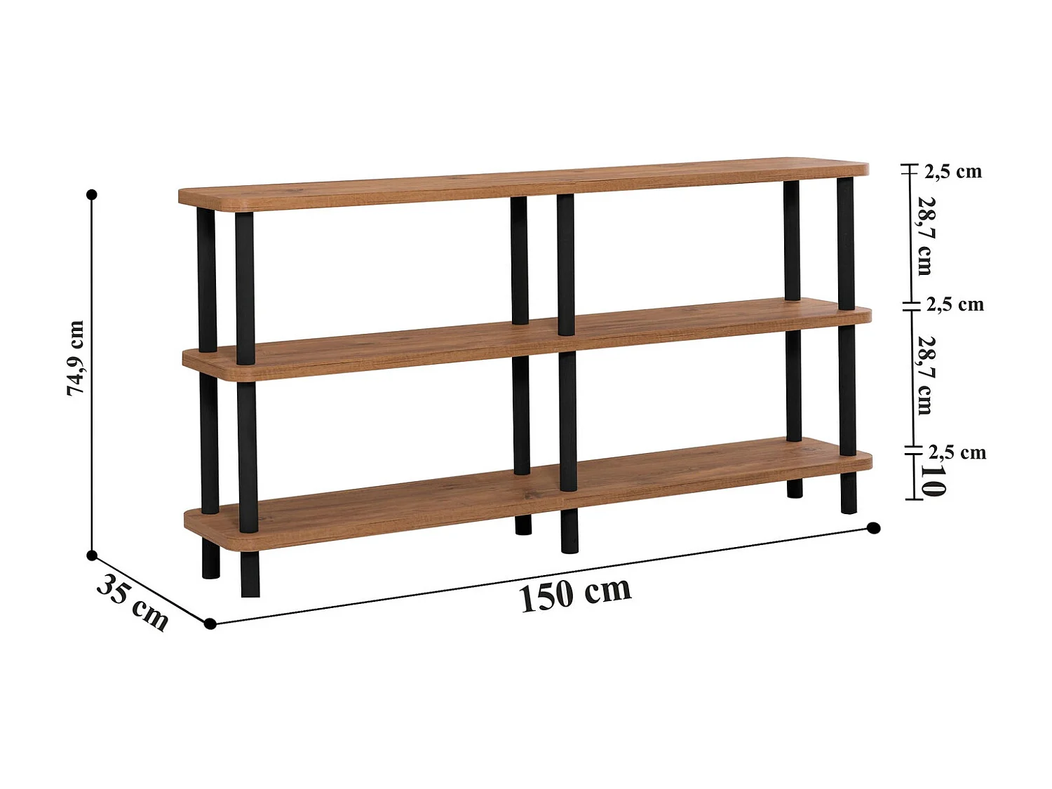 Estantería Kailua 653, Abierta sin pared trasera, Madera|Aglomerado laminado, 75x150x35cm