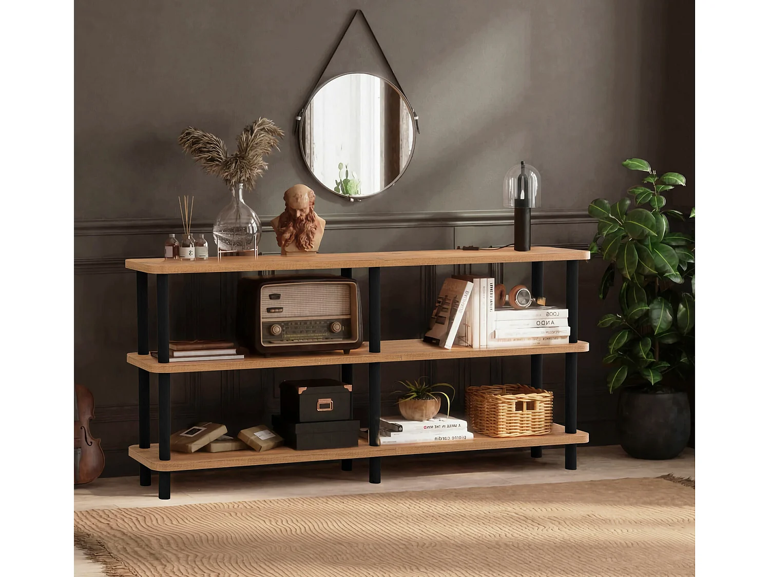 Bücherregal – 150 cm – Schwarz- und Atlantikkiefer – Melaminbeschichtete Spanplatten