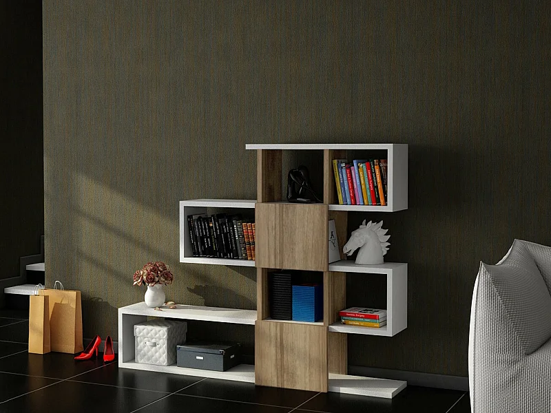 Estante Moderna Karlin em Branco e Nogueira para Decoração Elegante