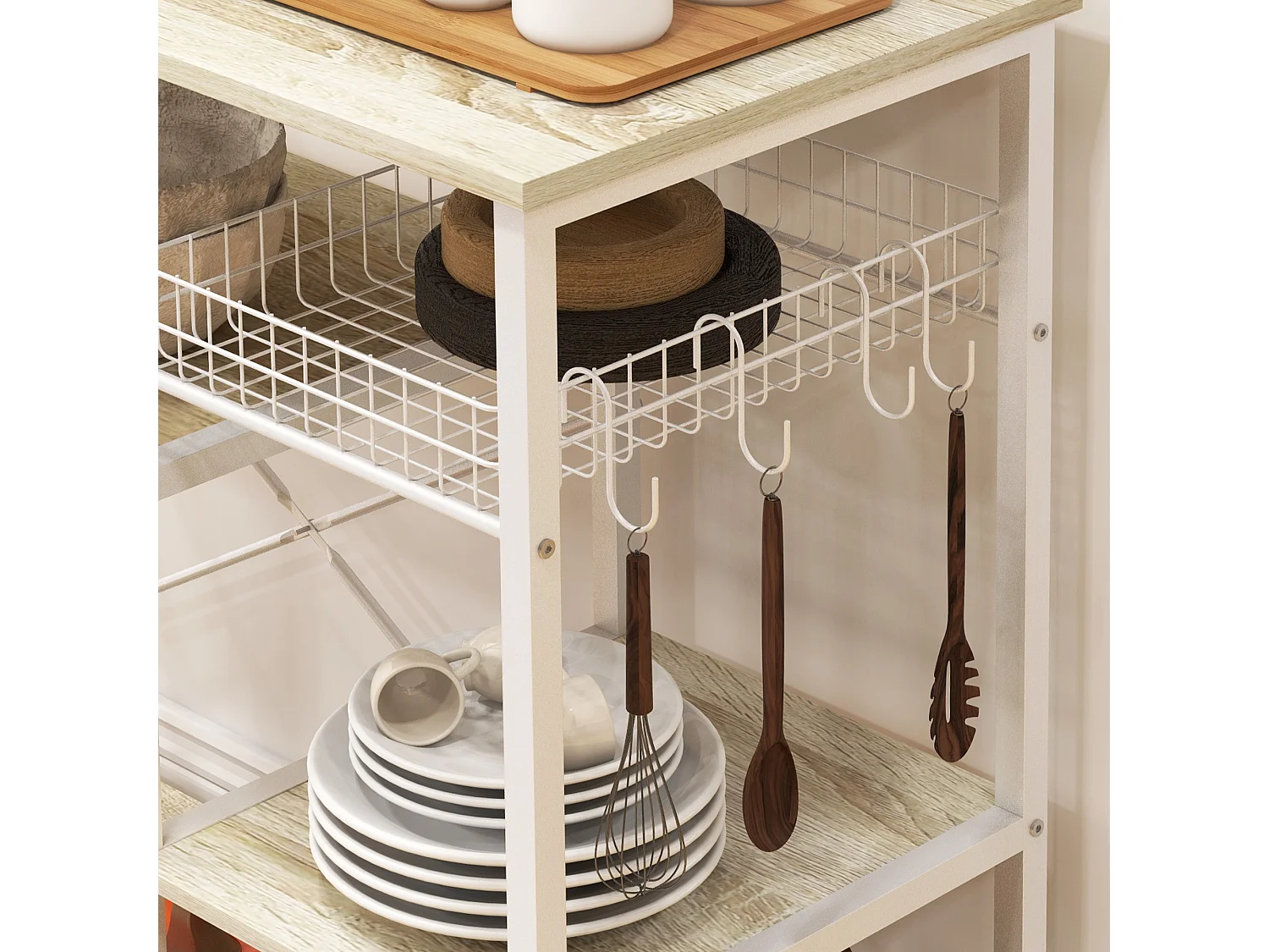 Estante de Cozinha Moderna HOMCOM com 1 Cesto, 4 Ganchos e 6 Pés Ajustáveis - Carvalho e Branco