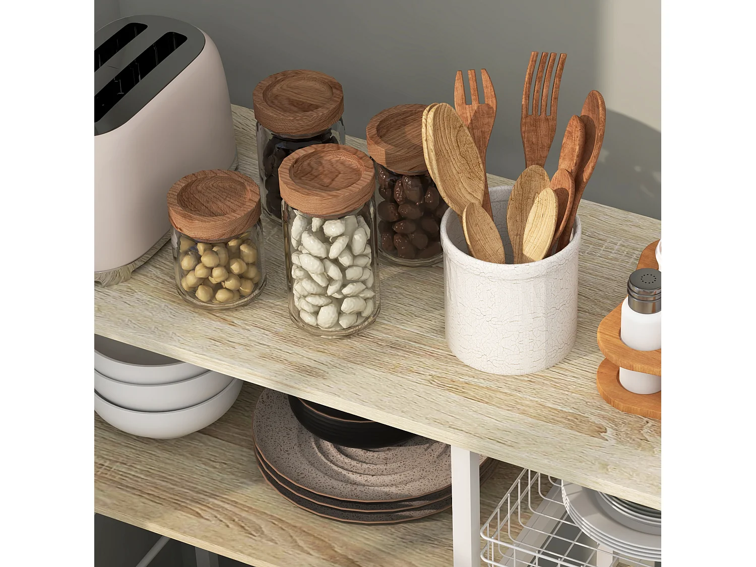 Estante de Cozinha Moderna HOMCOM com 1 Cesto, 4 Ganchos e 6 Pés Ajustáveis - Carvalho e Branco