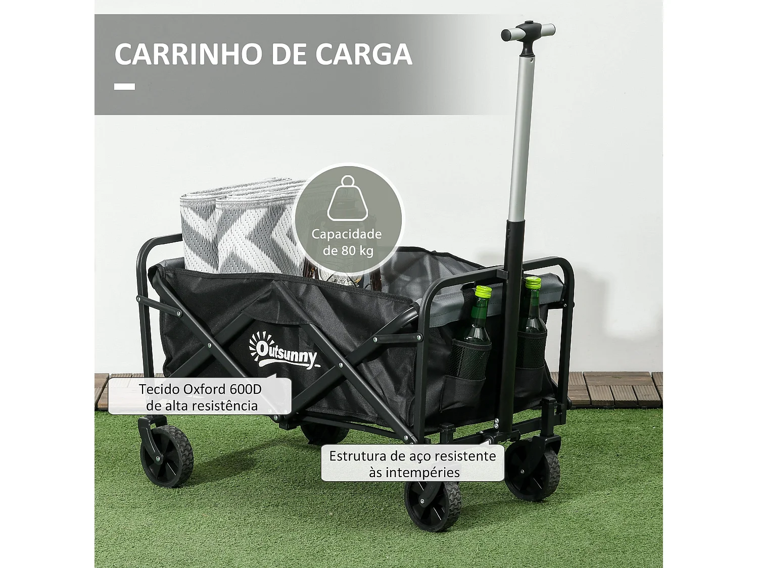 Carrinho de Transporte Dobrável Outsunny com 4 Rodas e Capacidade de 70 Litros
