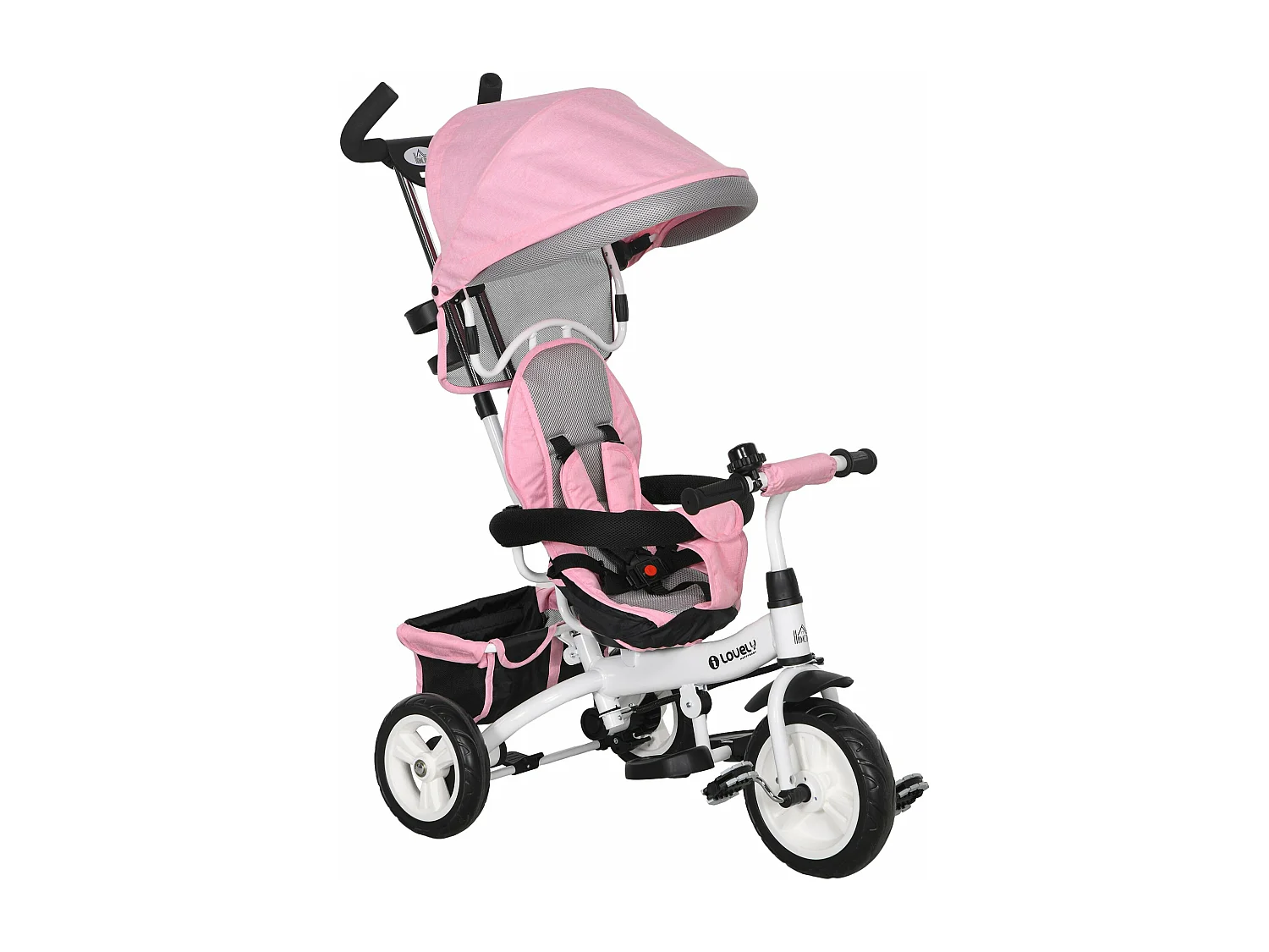 Triciclo Evolutivo HOMCOM para Bebês com Toldo Dobrável e Segurança - Rosa 95x50x106 cm