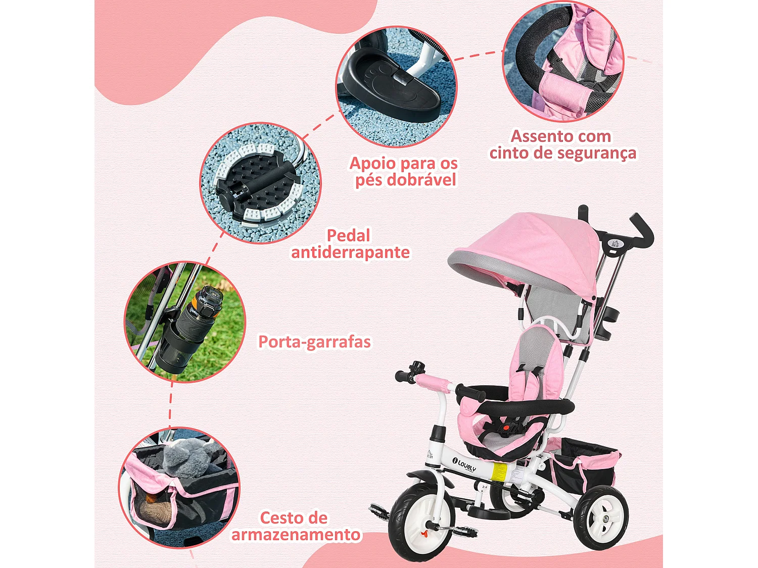 Triciclo Evolutivo HOMCOM para Bebês com Toldo Dobrável e Segurança - Rosa 95x50x106 cm