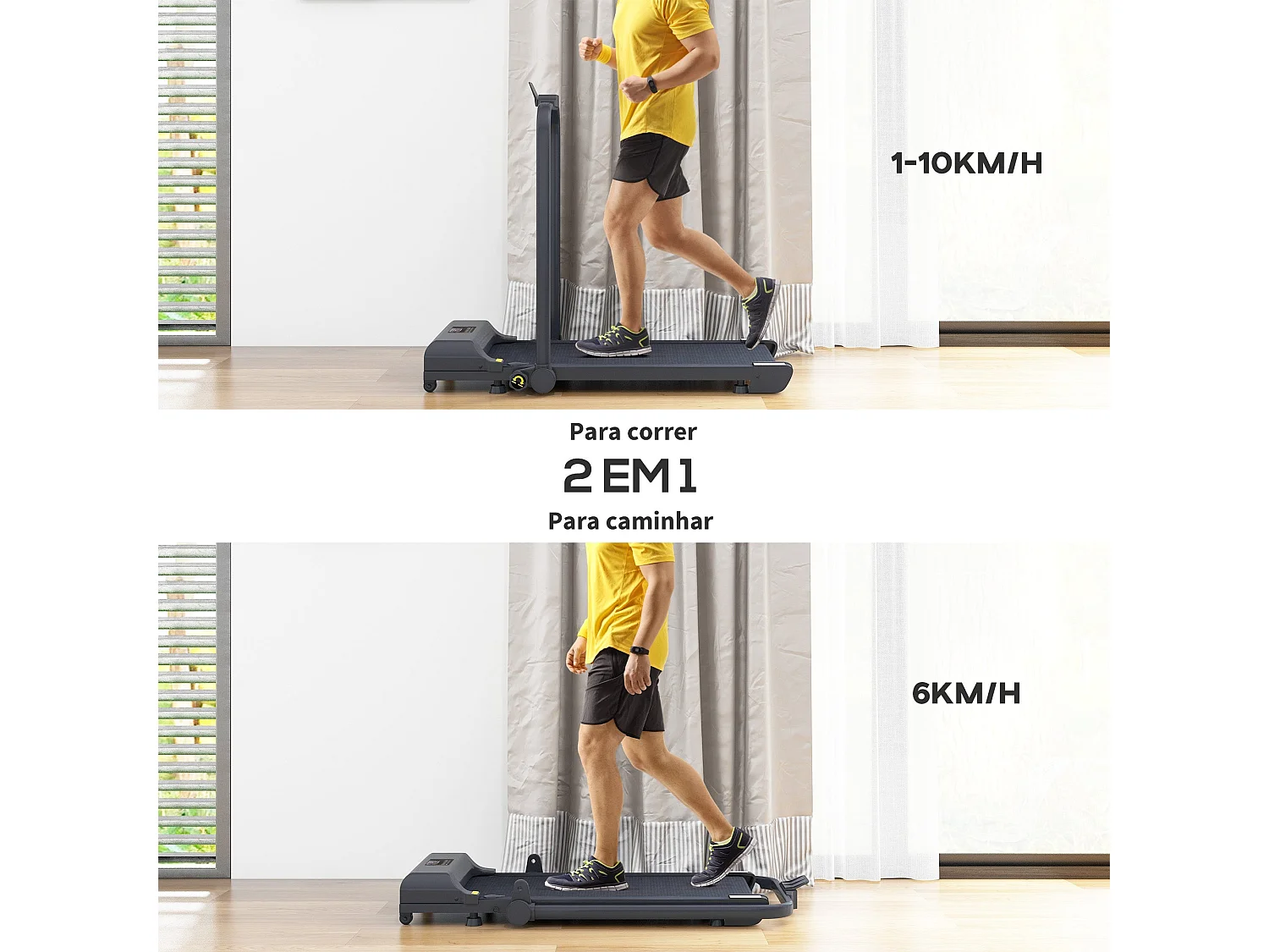 Passadeira Elétrica Dobrável FitRun 2 em 1 – 2,5 HP – Velocidade até 10 km/h – Ecrã LED – Cor Preto