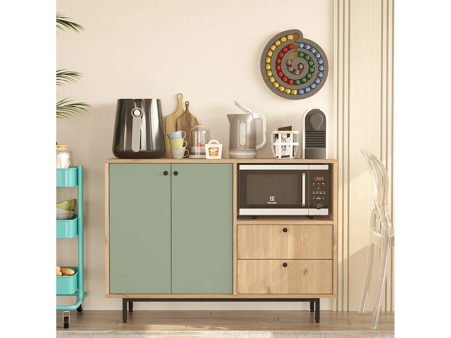 Armário Multiusos Toledo - Carvalho e Verde - 120x85x35.5cm - Organização Moderna