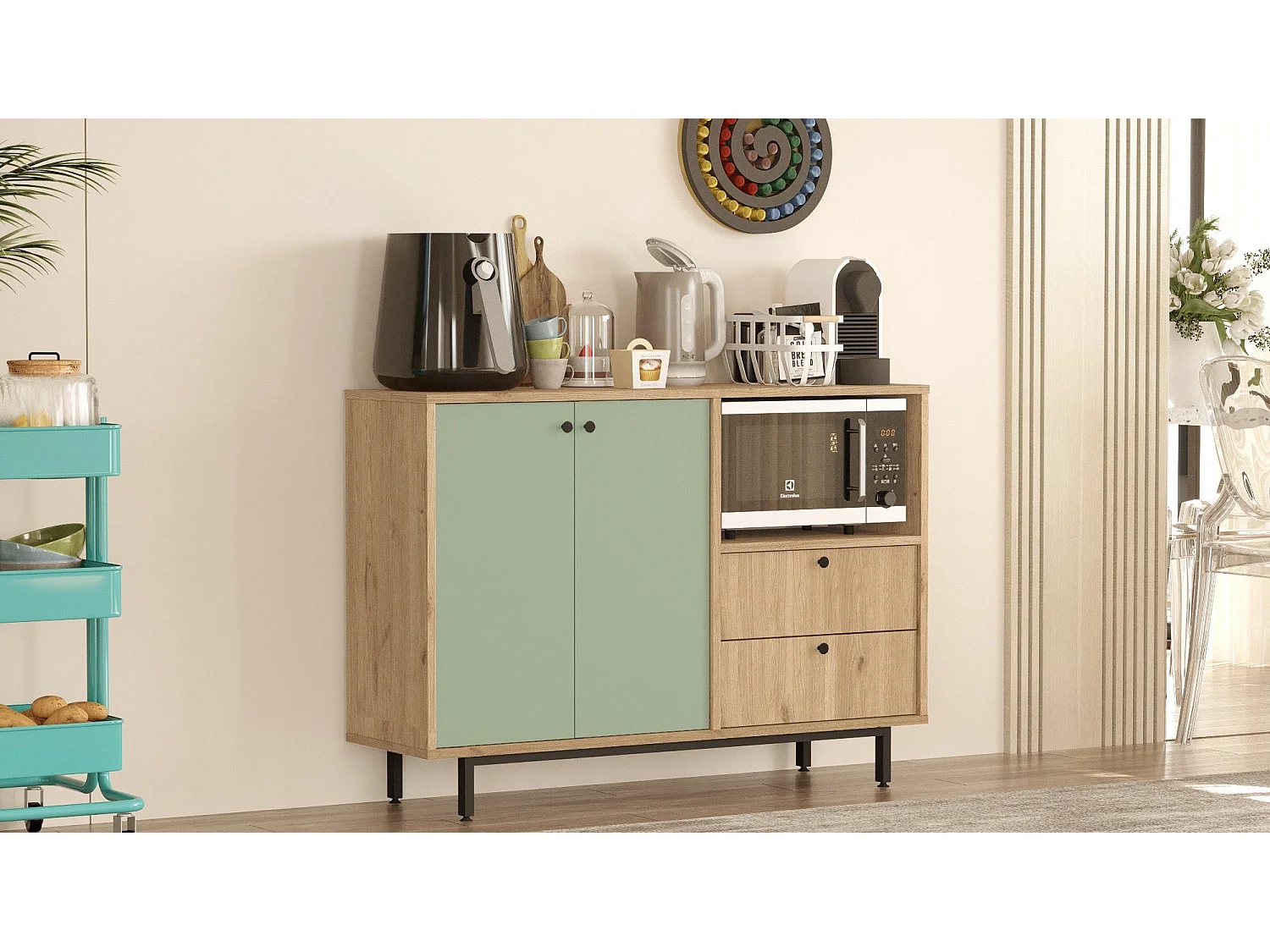 Armário Multiusos Toledo - Carvalho e Verde - 120x85x35.5cm - Organização Moderna