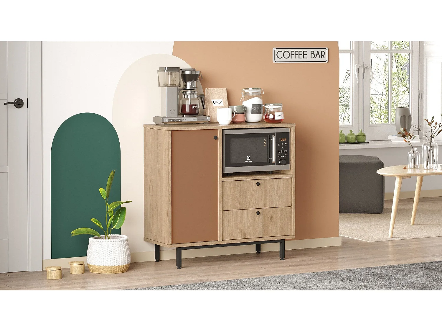 Aparador de Cozinha Moderno "Toledo" em Carvalho e Nogueira Vermelho - 88x85x35.5cm