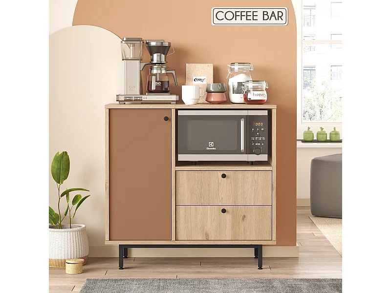 Aparador de Cozinha Moderno "Toledo" em Carvalho e Nogueira Vermelho - 88x85x35.5cm