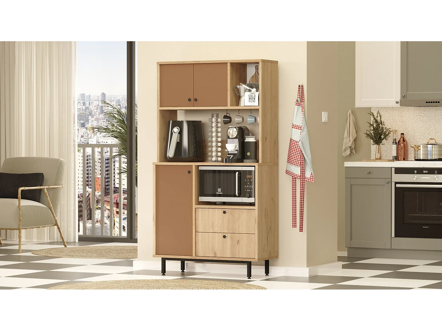 Armário Alto de Cozinha Toledo em Carvalho e Nogueira Vermelho - 88x161.2x35.5cm - Estilo Moderno e Funcional