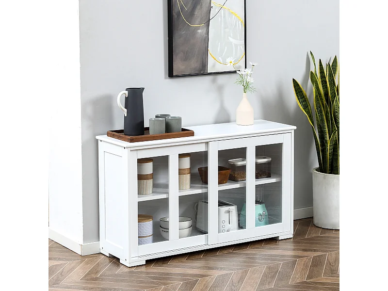 Aparador de Cozinha Moderno HOMCOM com Portas de Vidro e Prateleira Ajustável - Branco 107x33x62,5 cm