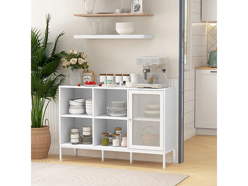 Aparador de Cozinha Moderno HOMCOM com 4 Compartimentos e Estante Ajustável em Branco