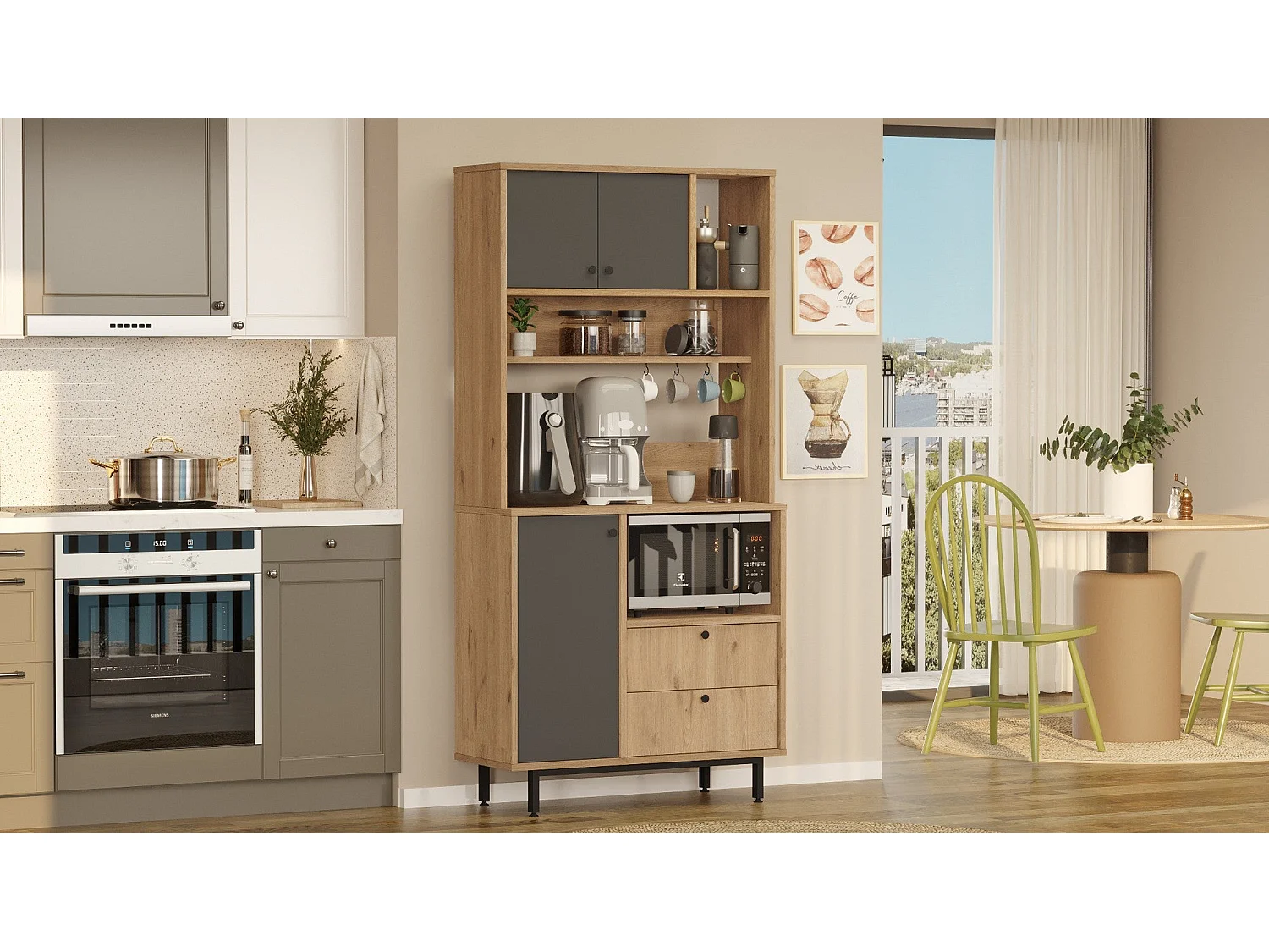 Armário Alto de Cozinha Toledo E-1 - Carvalho e Antracite - 88x180x35.5cm com Design Moderno