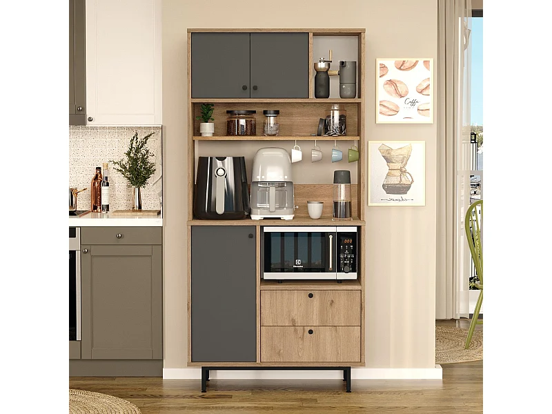 Armário Alto de Cozinha Toledo E-1 - Carvalho e Antracite - 88x180x35.5cm com Design Moderno