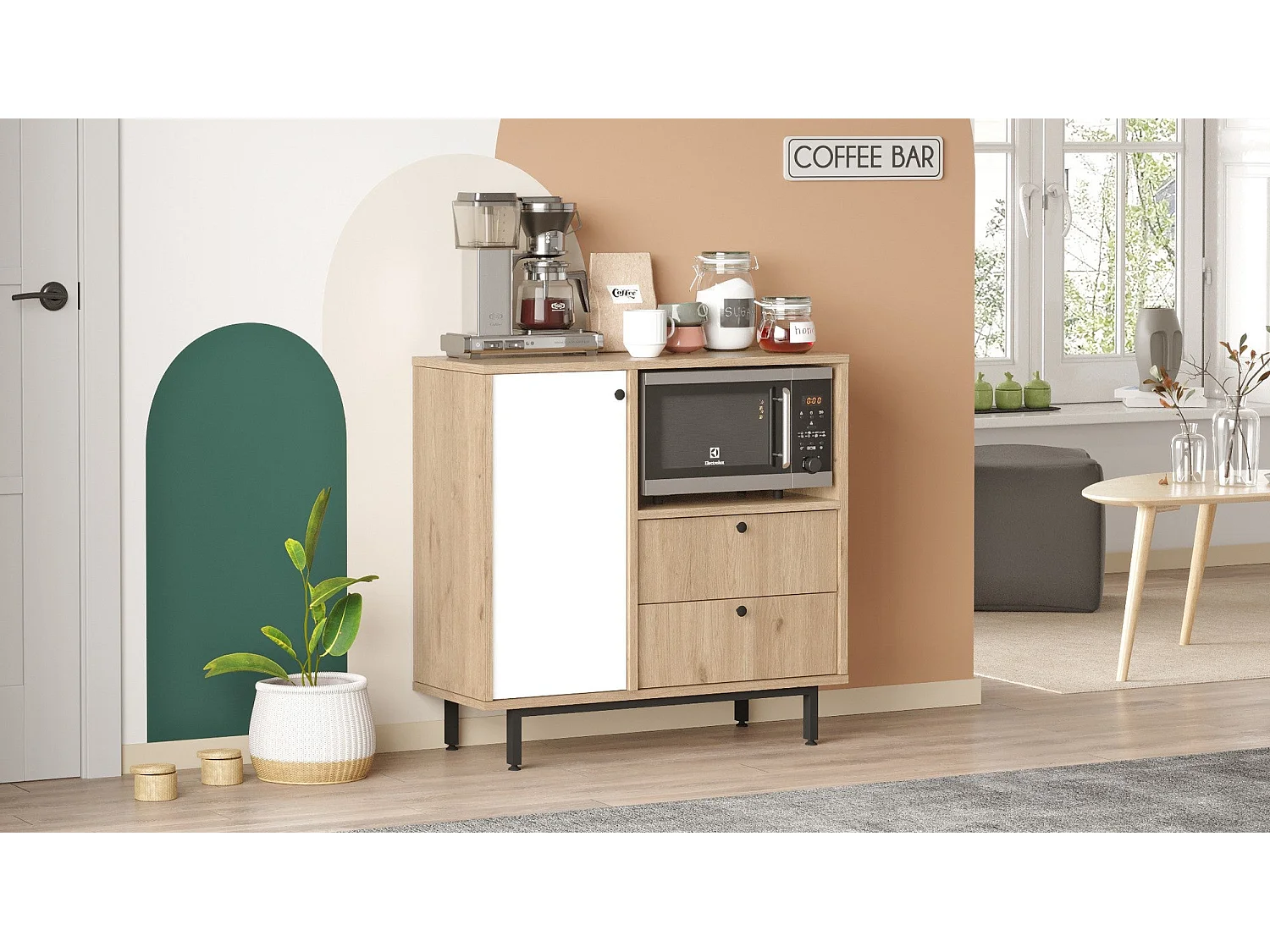 Aparador de Cozinha Toledo em Carvalho e Branco - Design Moderno e Funcional - 88x85x35.5cm