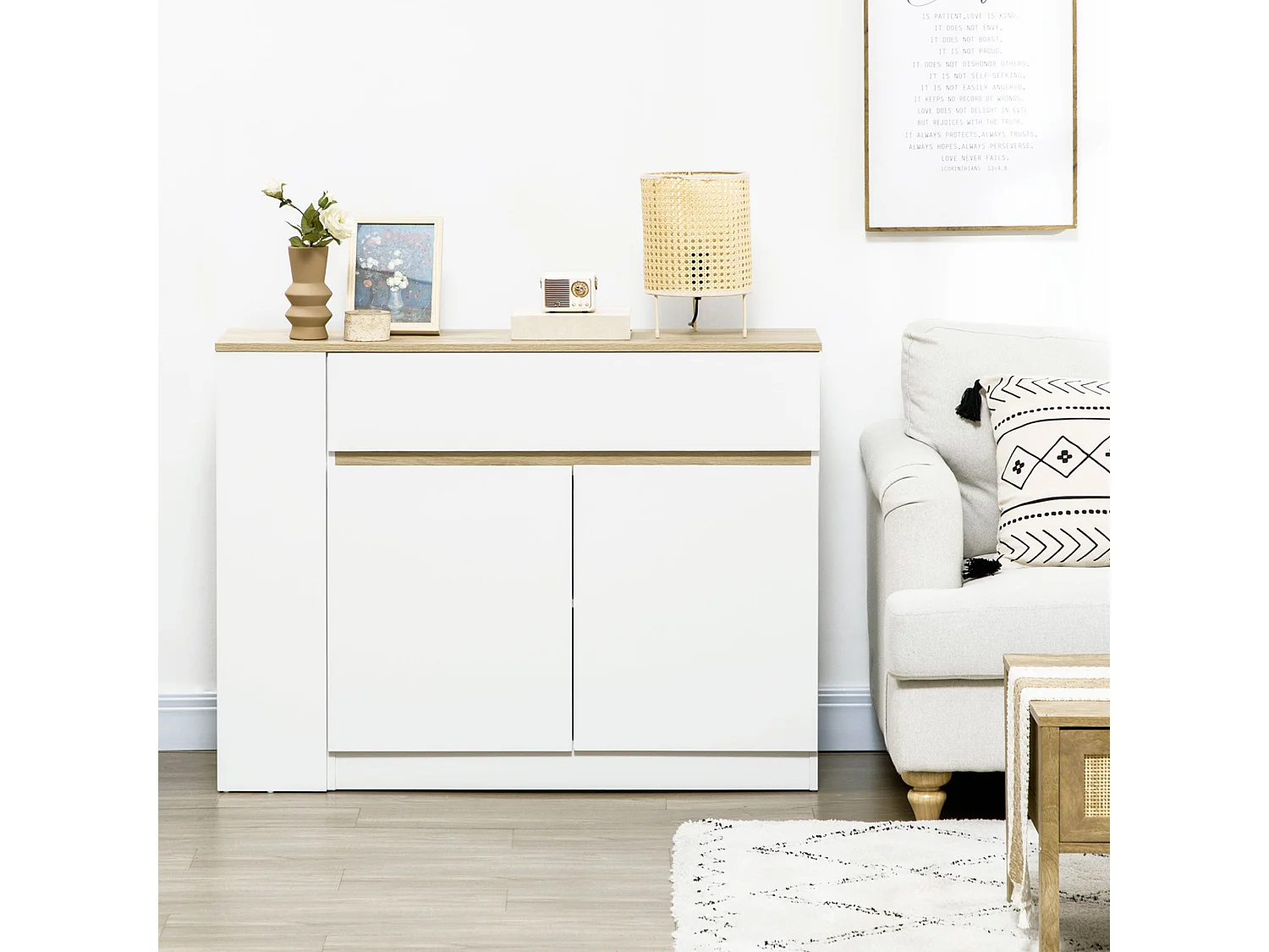 Aparador Cayena Homcom 2 puertas + cajón + 3 estantes blanco 82x110x29,5 cm