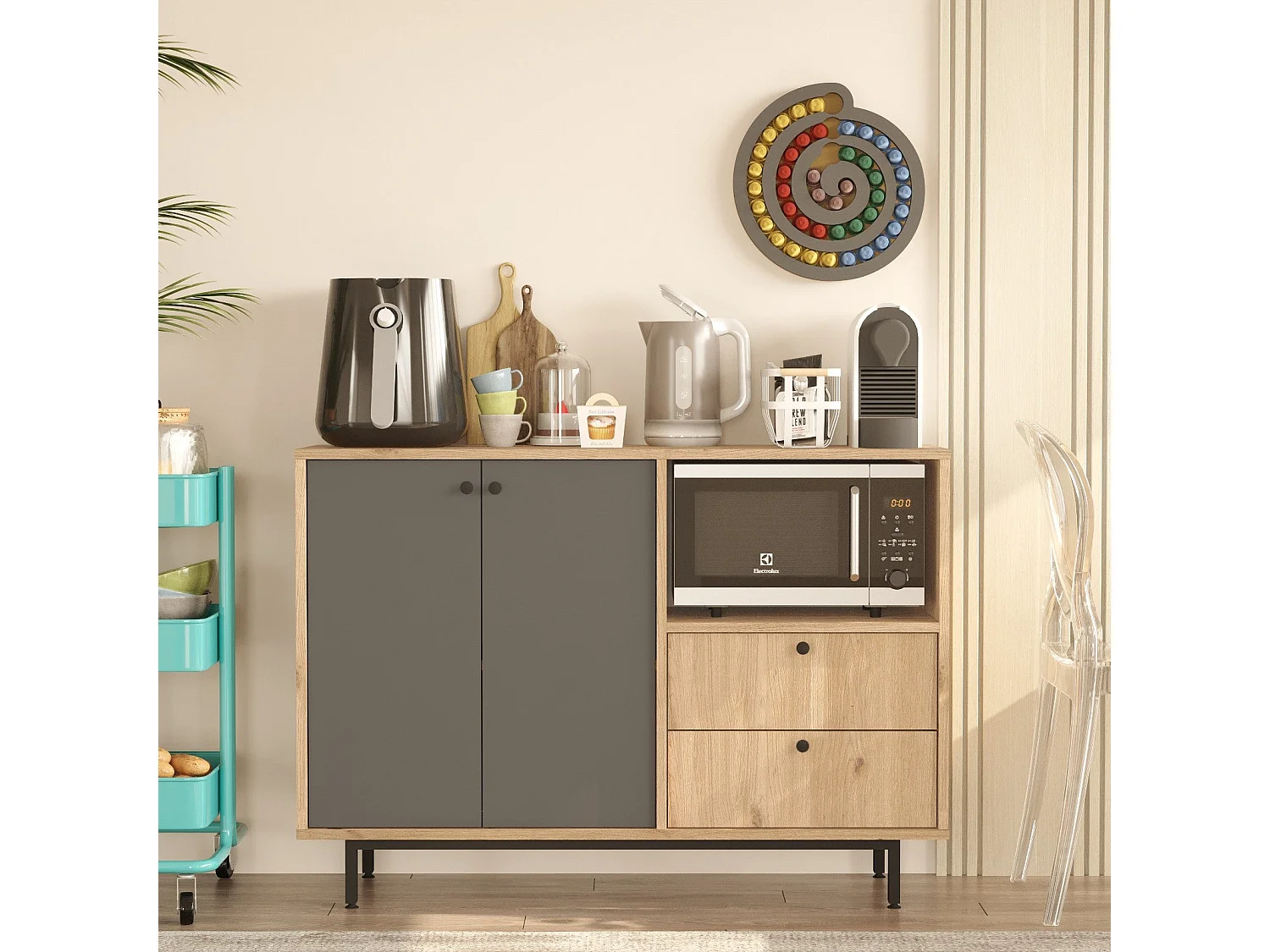 Aparador de Cozinha Toledo em Carvalho e Antracite - Design Moderno e Funcional - 120x85x35.5cm