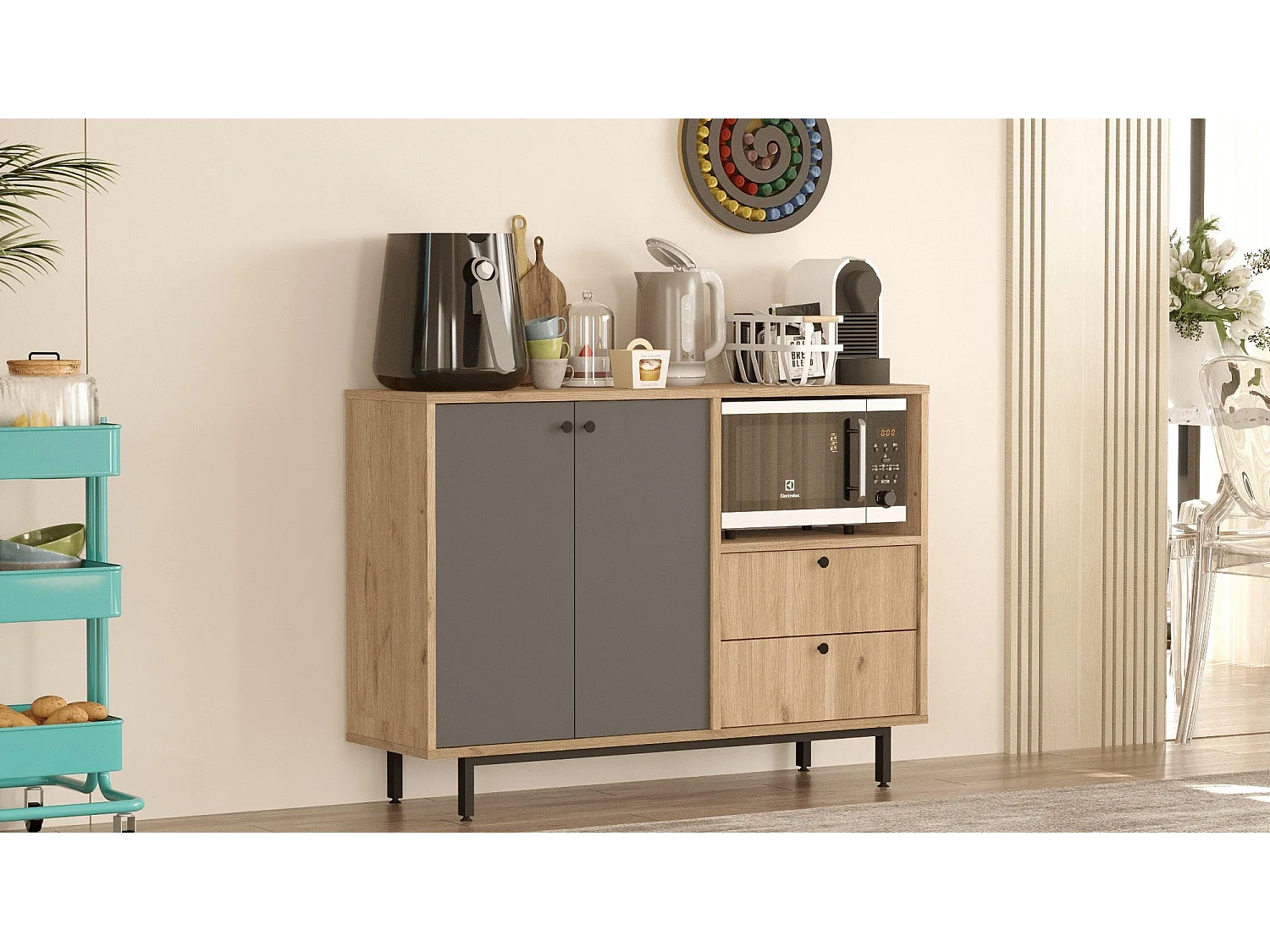 Aparador de Cozinha Toledo em Carvalho e Antracite - Design Moderno e Funcional - 120x85x35.5cm