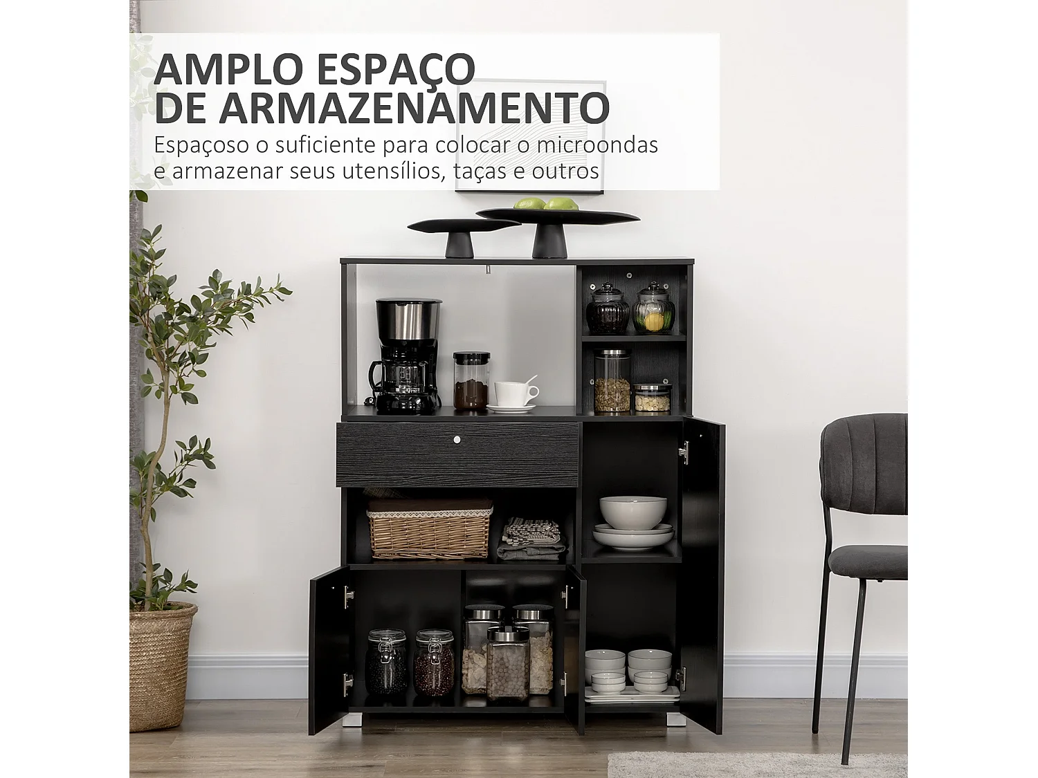 Aparador de Cozinha Gourmet Moderno - Preto - 90x40x120 cm - Estilo e Funcionalidade