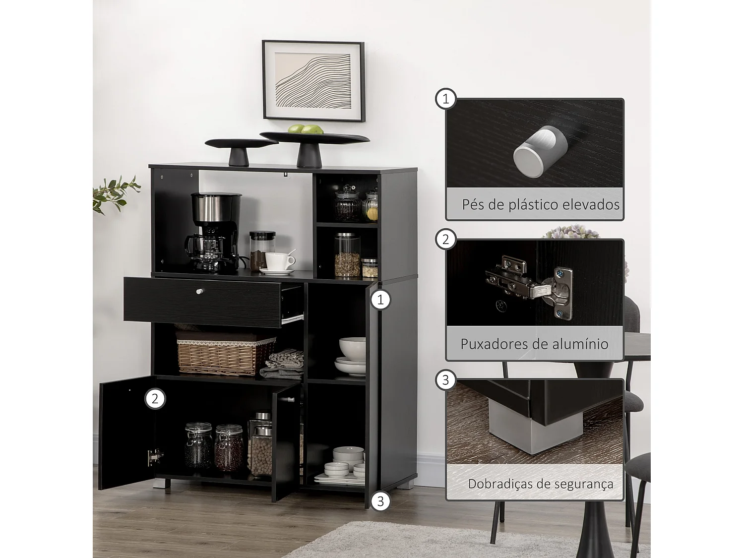 Aparador de Cozinha Gourmet Moderno - Preto - 90x40x120 cm - Estilo e Funcionalidade