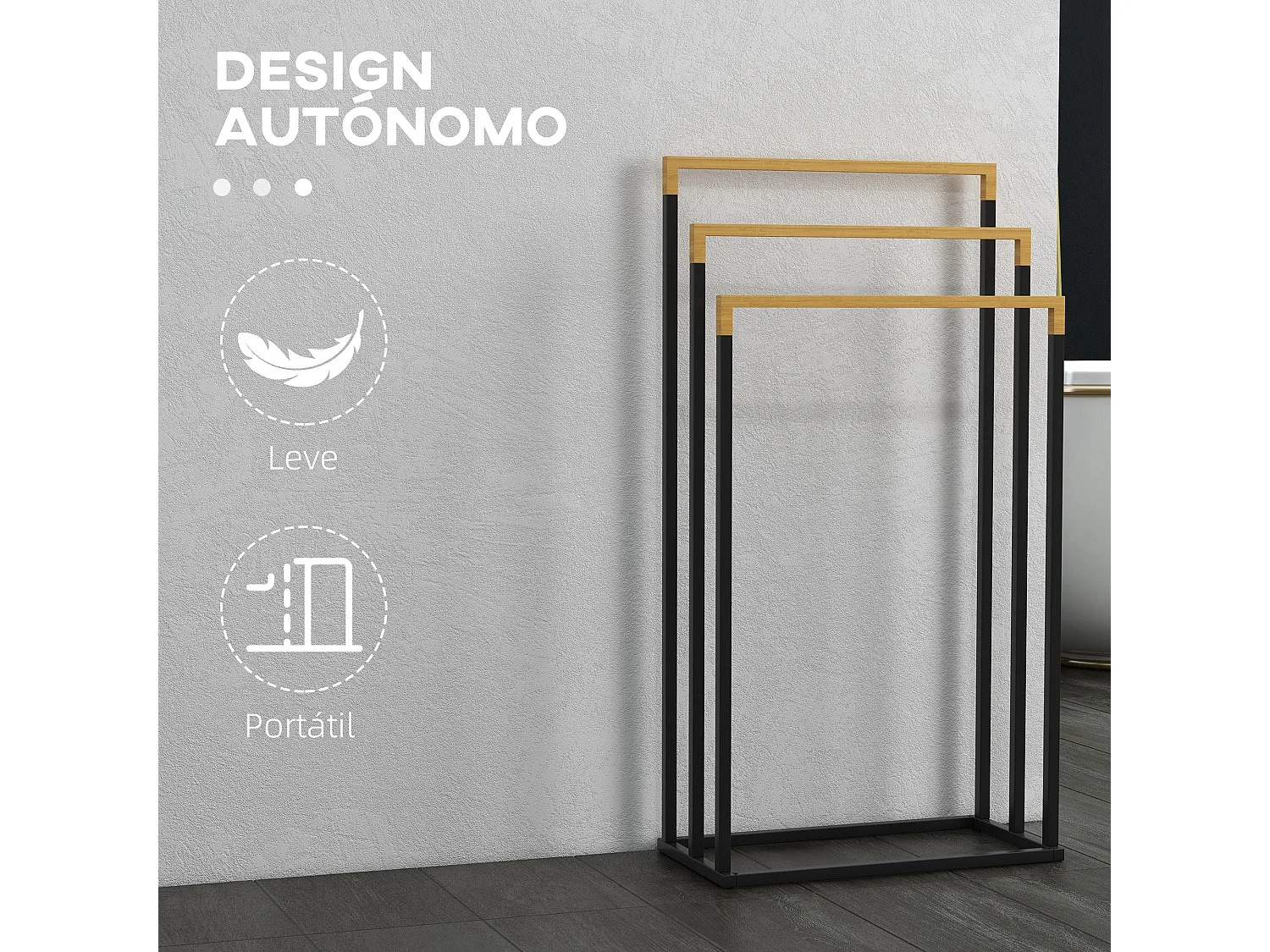 Suporte para Toalhas de Pé com 3 Níveis - Design Moderno em Bambu e Aço para Casa de Banho